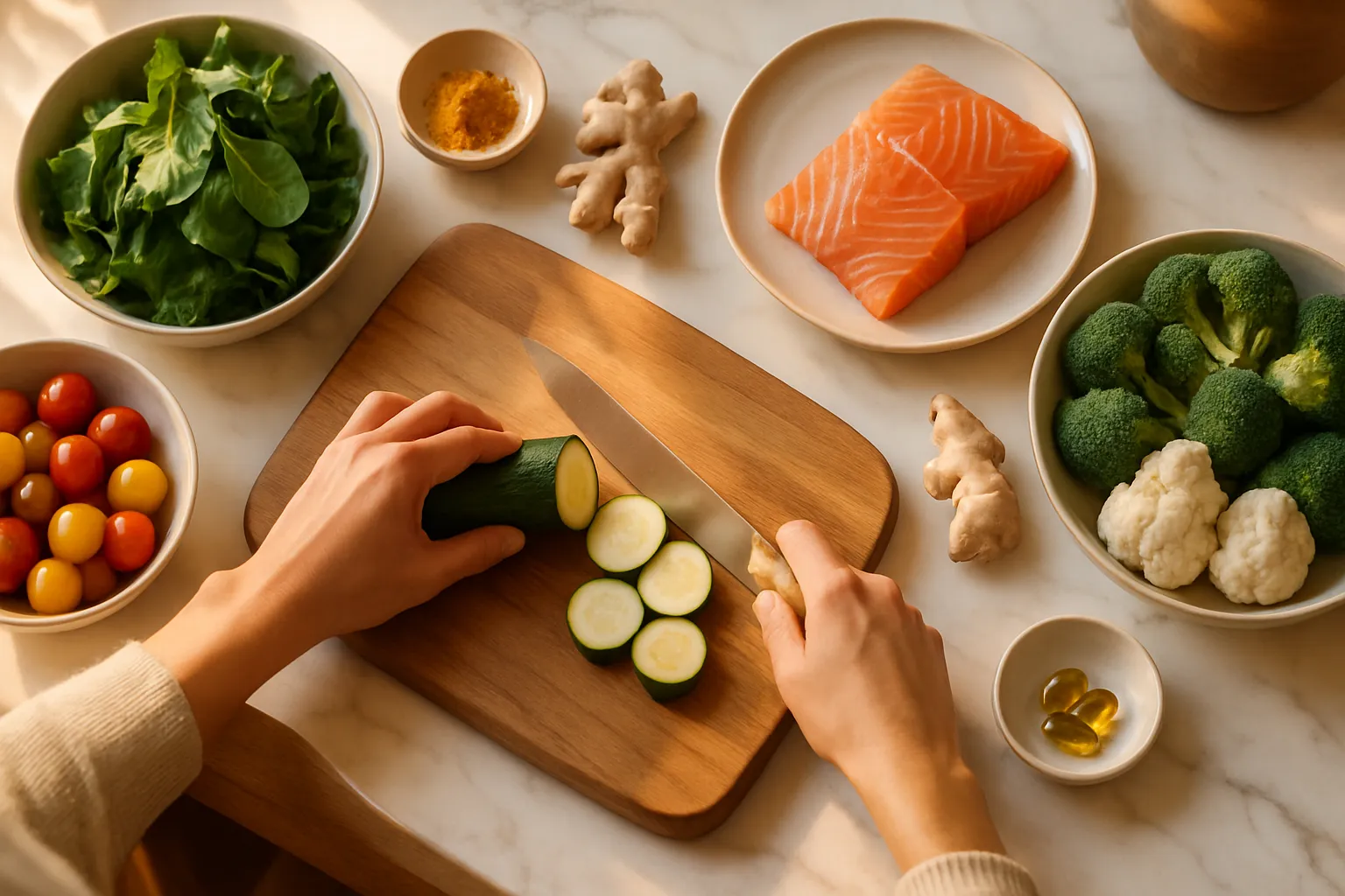 Preparação de refeição anti-inflamatória com alimentos que melhoram a qualidade do sono