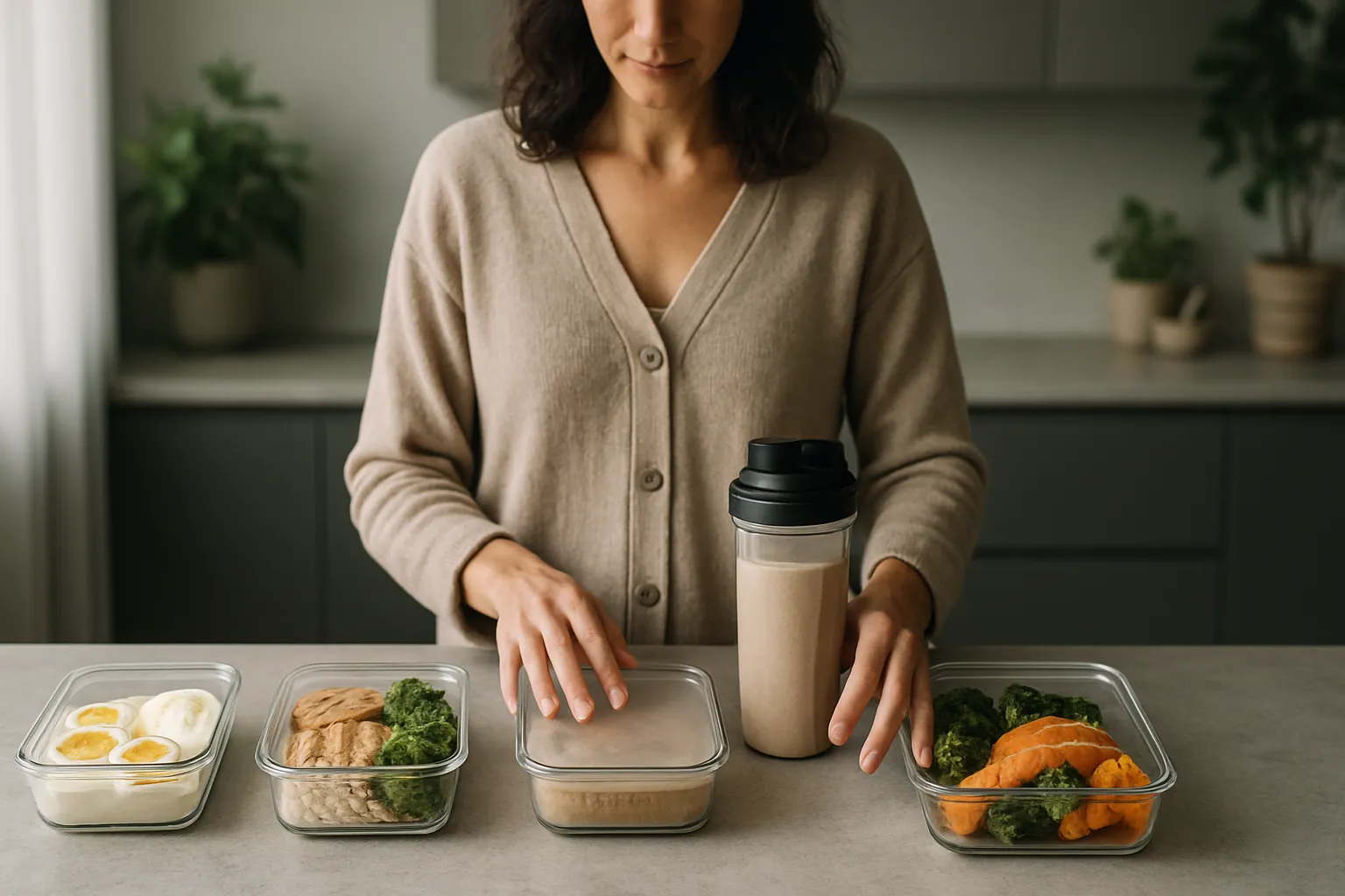 Preparação de Refeições Proteicas Distribuídas Especialista preparando quatro refeições proteicas diferentes para distribuição ao longo do dia