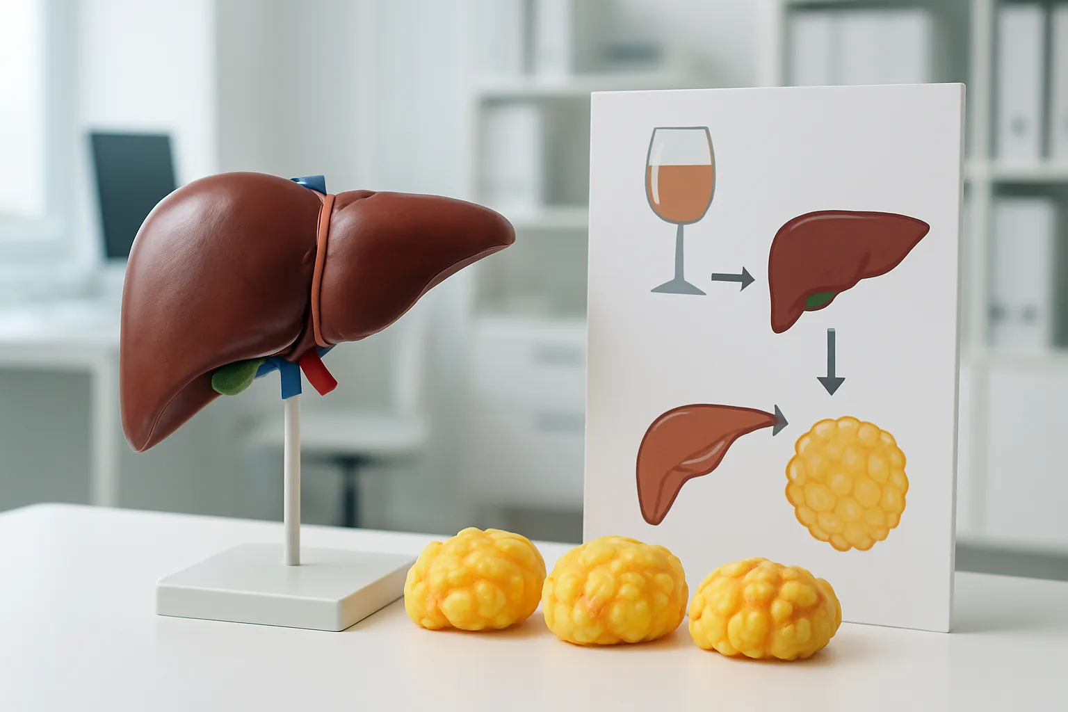 Processo Metabólico Hepático e Gordura Visceral Modelo anatômico de fígado com amostras de tecido de gordura visceral demonstrando o processo metabólico do álcool e armazenamento de gordura abdominal em contexto educacional médico