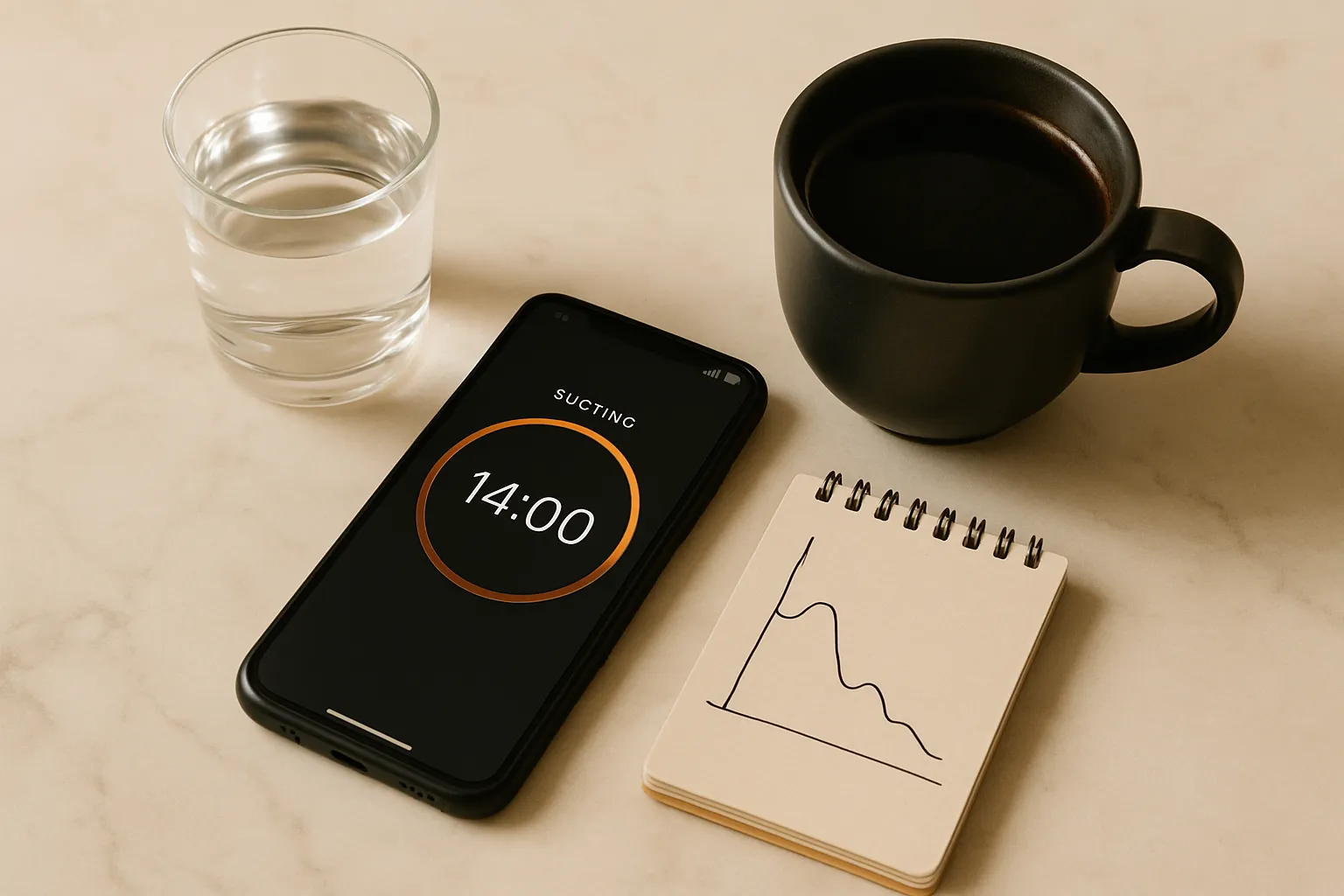 Composição flat lay com timer de jejum, água e café preto, representando o estado metabólico durante jejum matinal