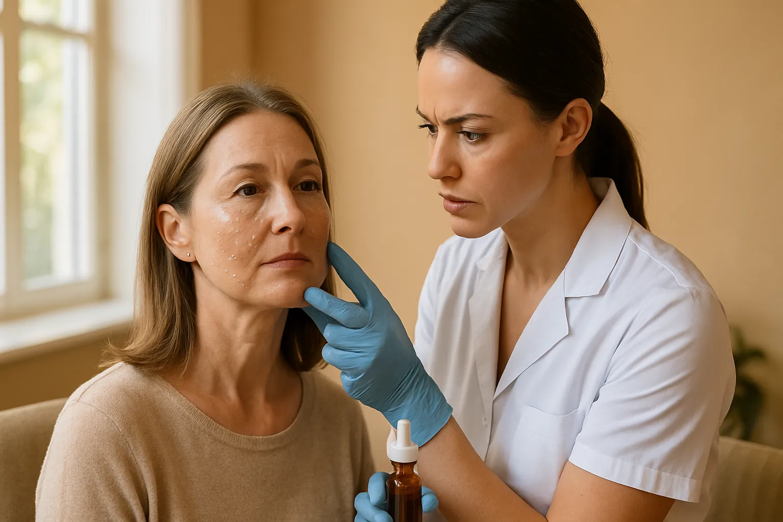 Profissional de saúde preparando aplicação de terapia hormonal bioidêntica de estrogênio enquanto examina textura e firmeza da pele facial de paciente em consulta médica