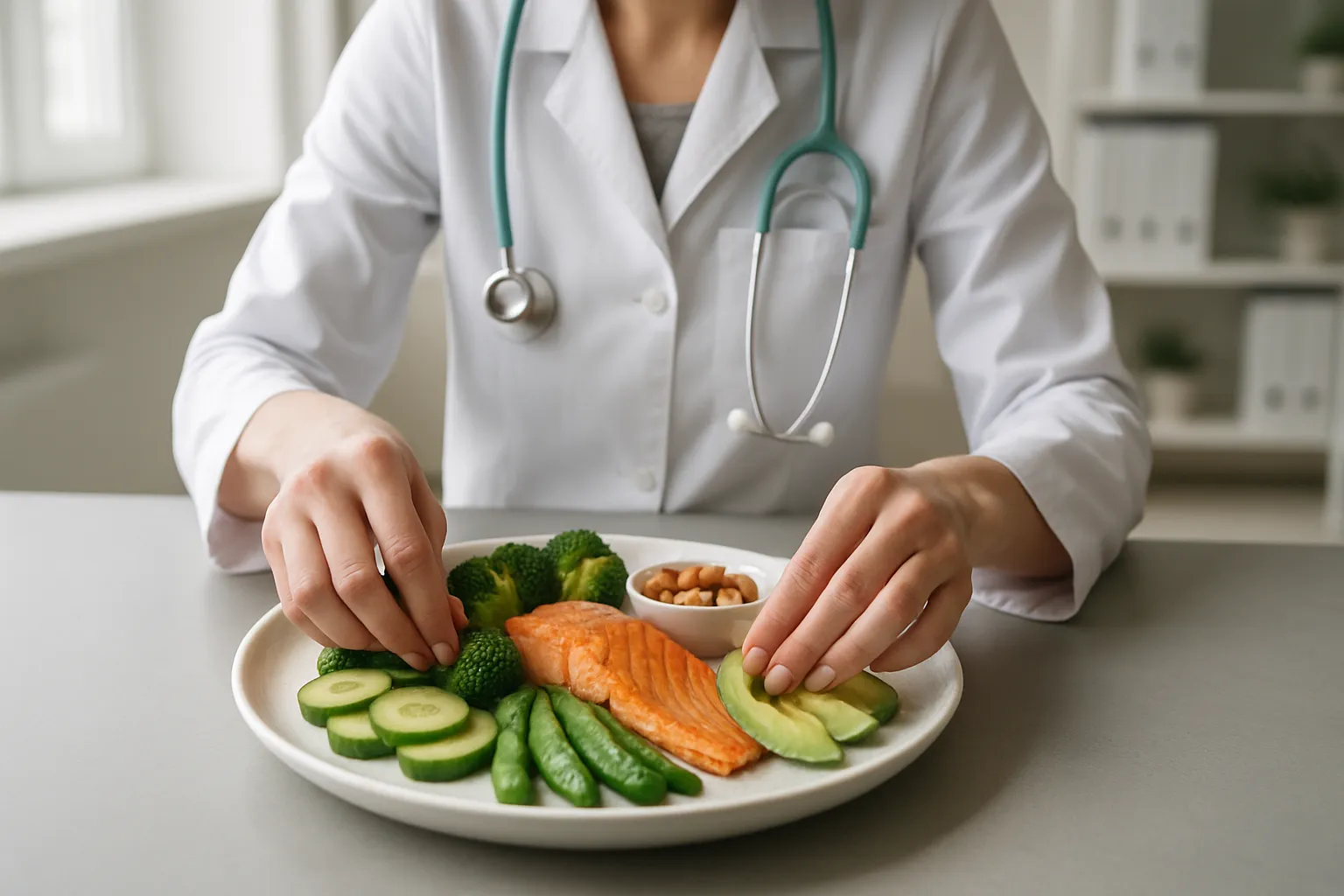 Nutricionista demonstrando protocolo alimentar de baixa carga glicêmica para estabilizar insulina e restaurar sensibilidade cerebral, com porções balanceadas de proteínas e gorduras de qualidade