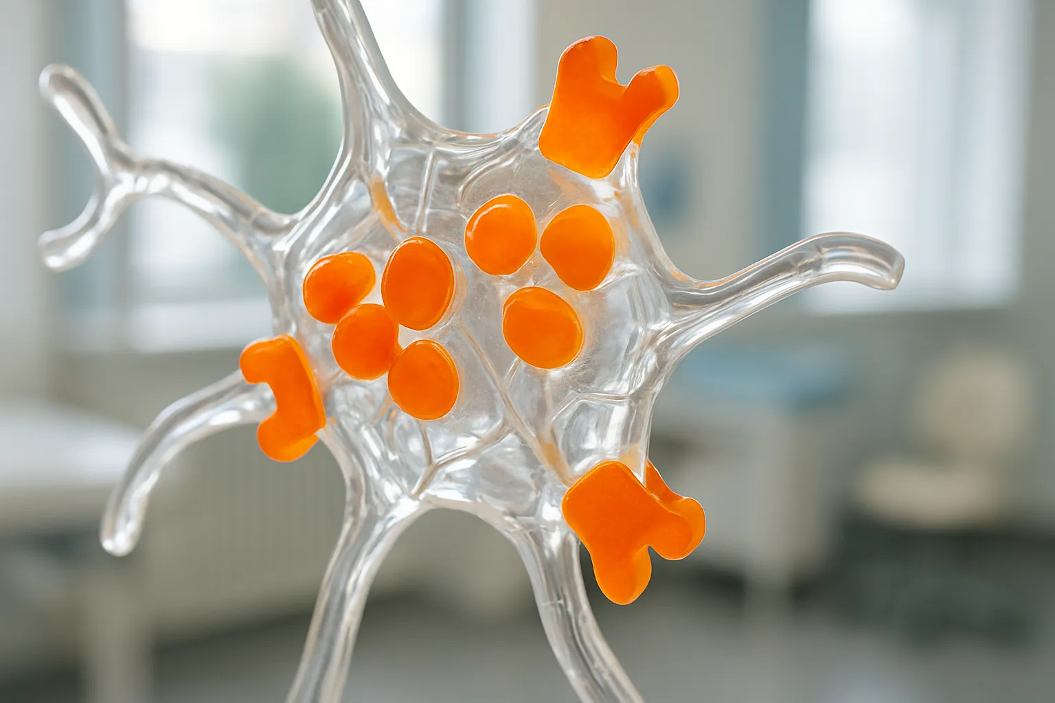 Detalhe de Receptores de Insulina Cerebral Modelo anatômico detalhado de receptores de insulina em neurônios cerebrais, demonstrando os sítios de ligação que ficam resistentes e impedem a comunicação de saciedade