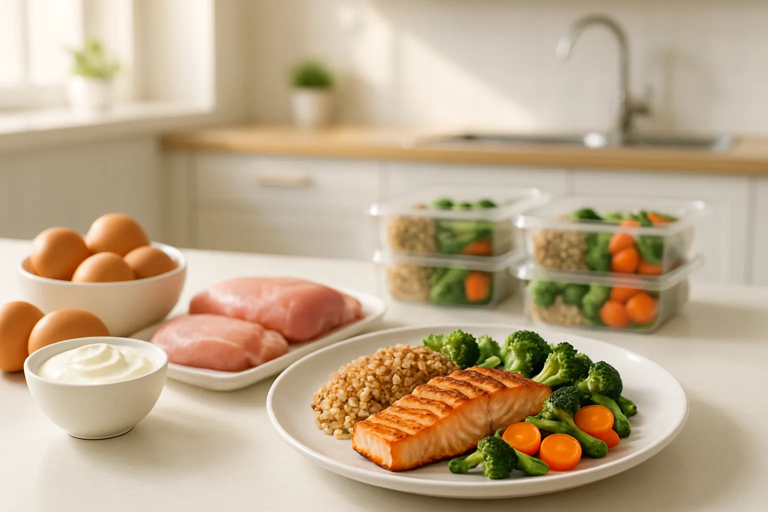 Refeição balanceada rica em proteínas para adultos acima de 40 anos, essencial para preservação de massa muscular