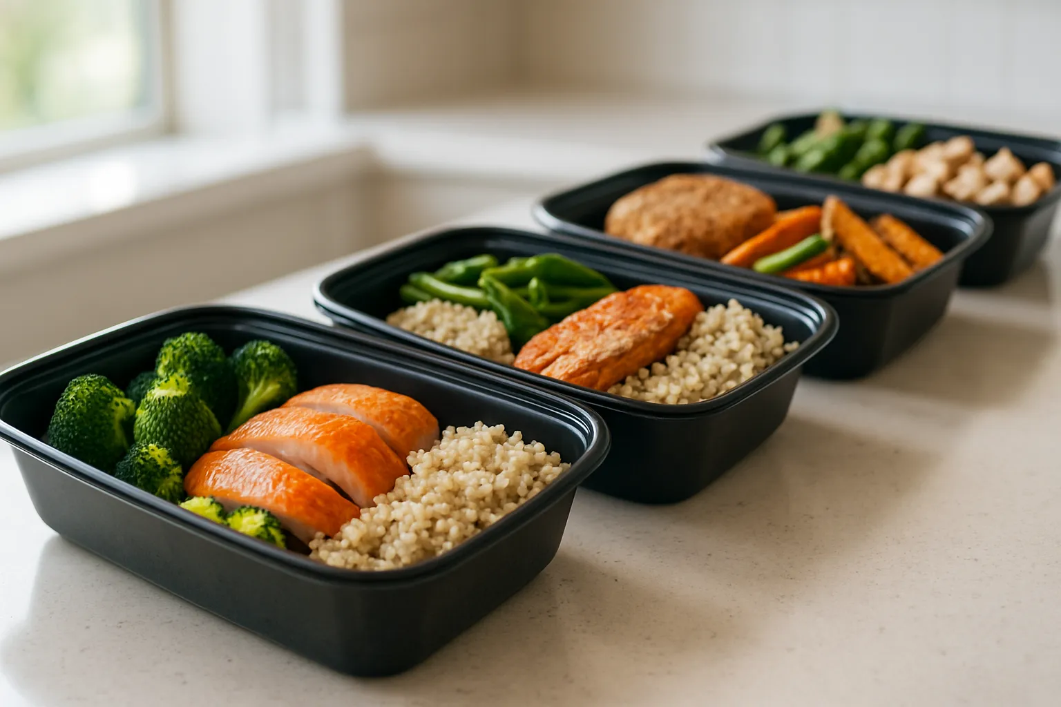 Detalhe macro de refeições balanceadas preparadas em recipientes mostrando porções adequadas de proteínas, vegetais e carboidratos saudáveis para manter metabolismo ativo