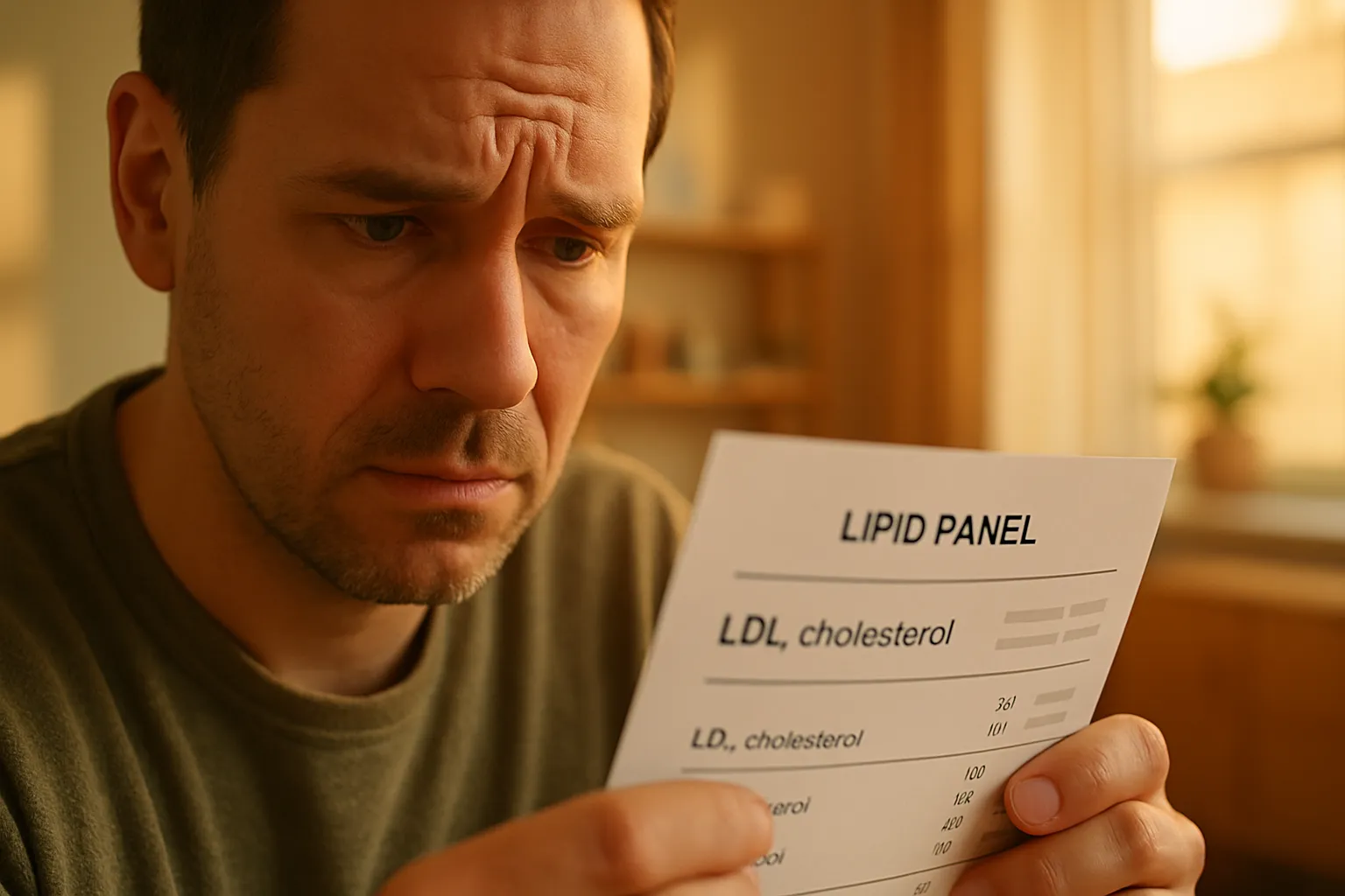 Pessoa preocupada analisando resultado de exame de colesterol com LDL elevado após iniciar dieta low carb
