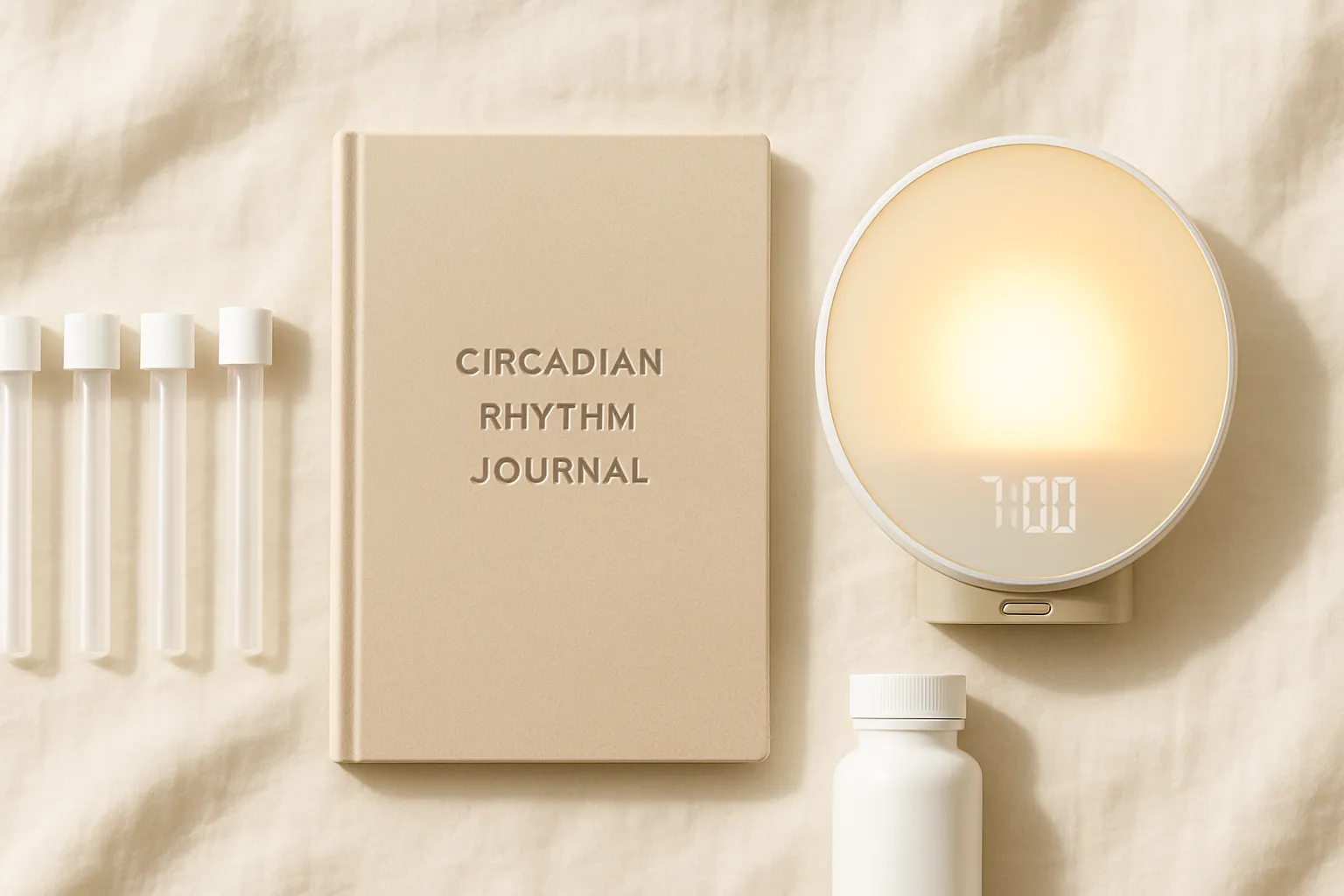 Ritmo Circadiano do Cortisol Composição organizada de itens para monitoramento do ritmo circadiano do cortisol, incluindo tubos de coleta de saliva, diário de acompanhamento e suplementos relacionados ao ciclo hormonal diário