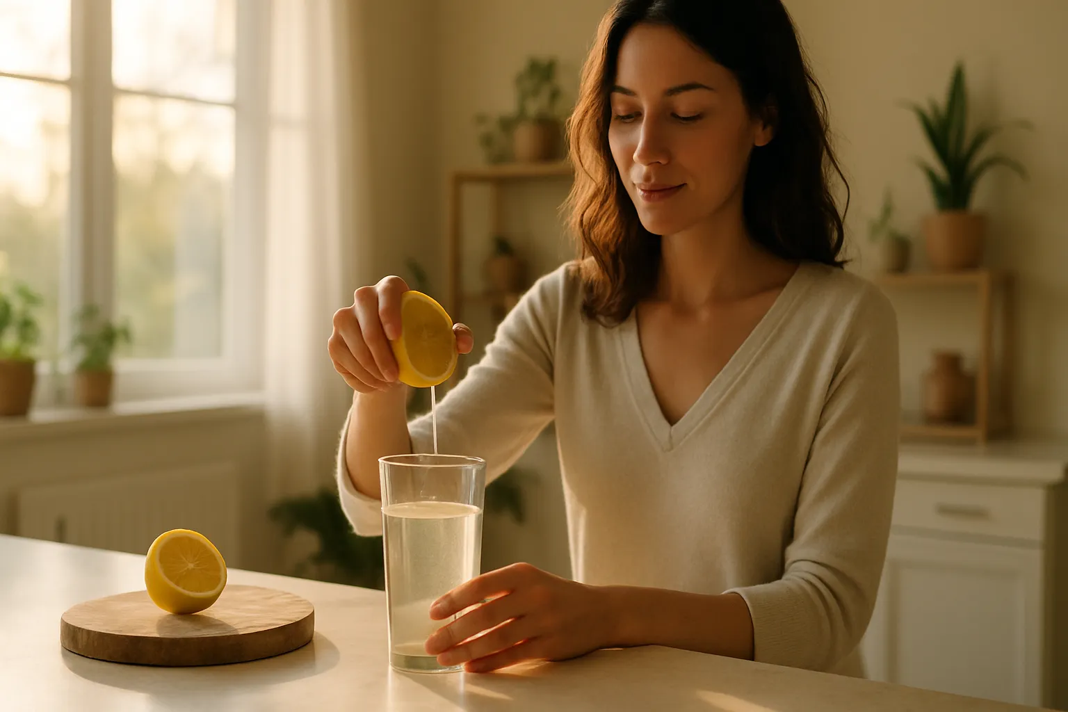 Mulher preparando água com limão fresco durante ritual matinal saudável em cozinha iluminada pela manhã