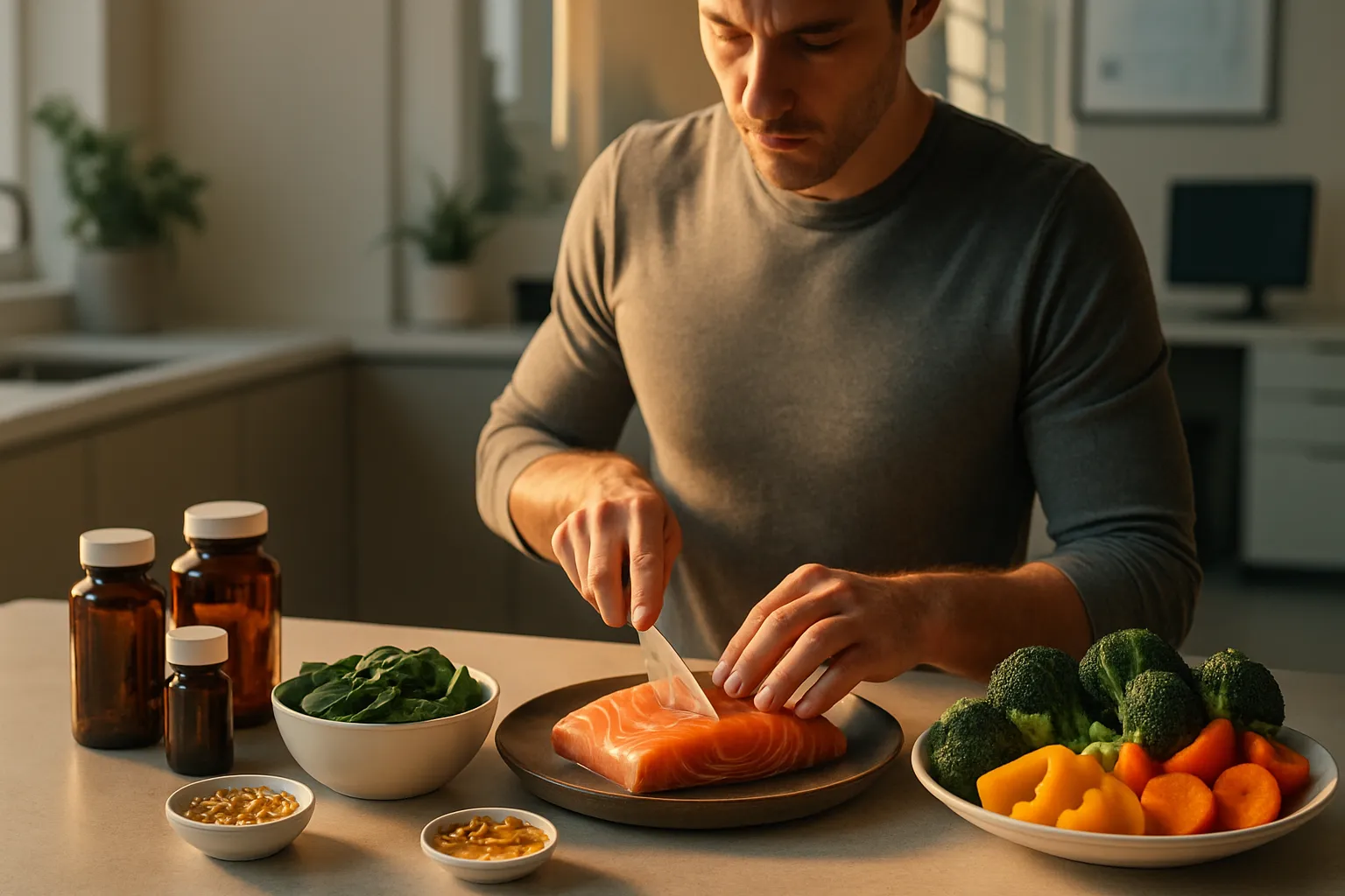 Rotina de alimentação anti-inflamatória com preparação de refeição rica em ômega-3 e nutrientes para restaurar sensibilidade dos receptores de ocitocina