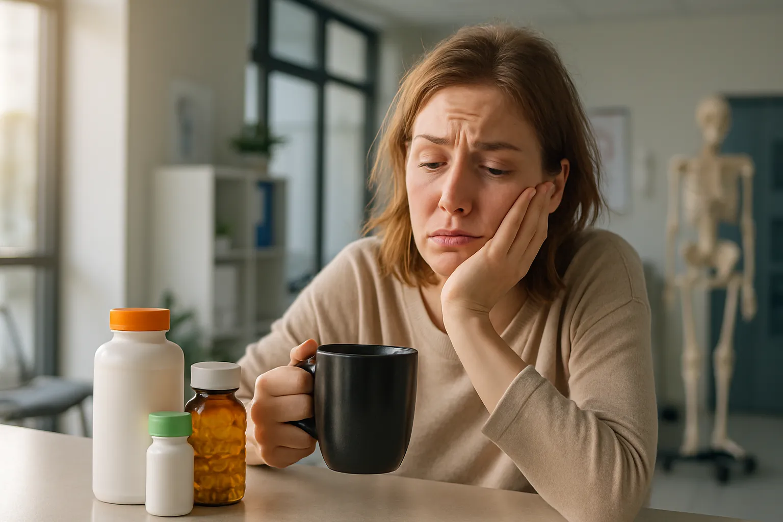 Pessoa enfrentando sintomas de deficiência de vitamina D durante rotina matinal com suplementos ao fundo