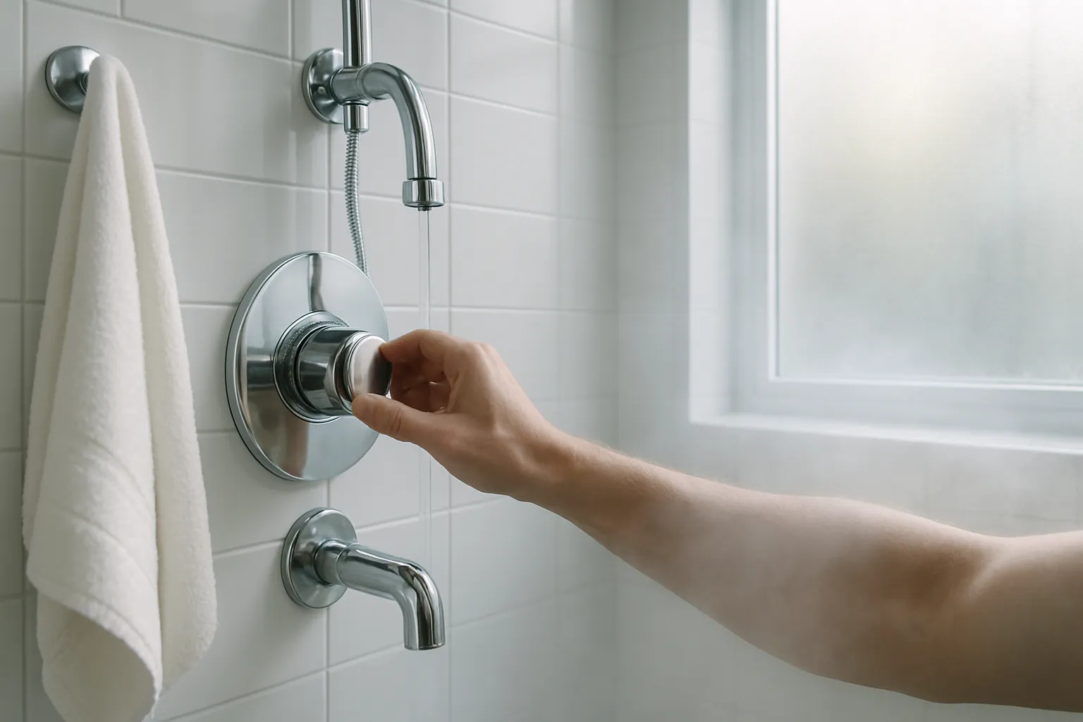 Pessoa ajustando temperatura do chuveiro para banho frio estratégico visando ativação do BAT e otimização metabólica