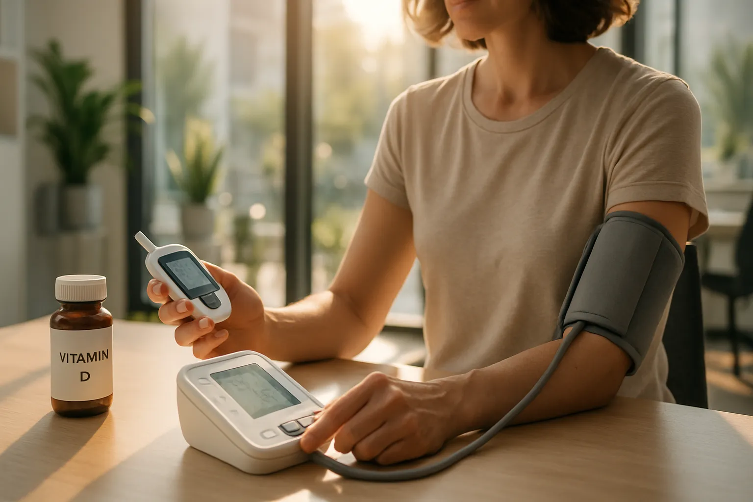 Pessoa monitorando saúde cardiovascular e metabólica com equipamentos médicos e suplemento de vitamina D