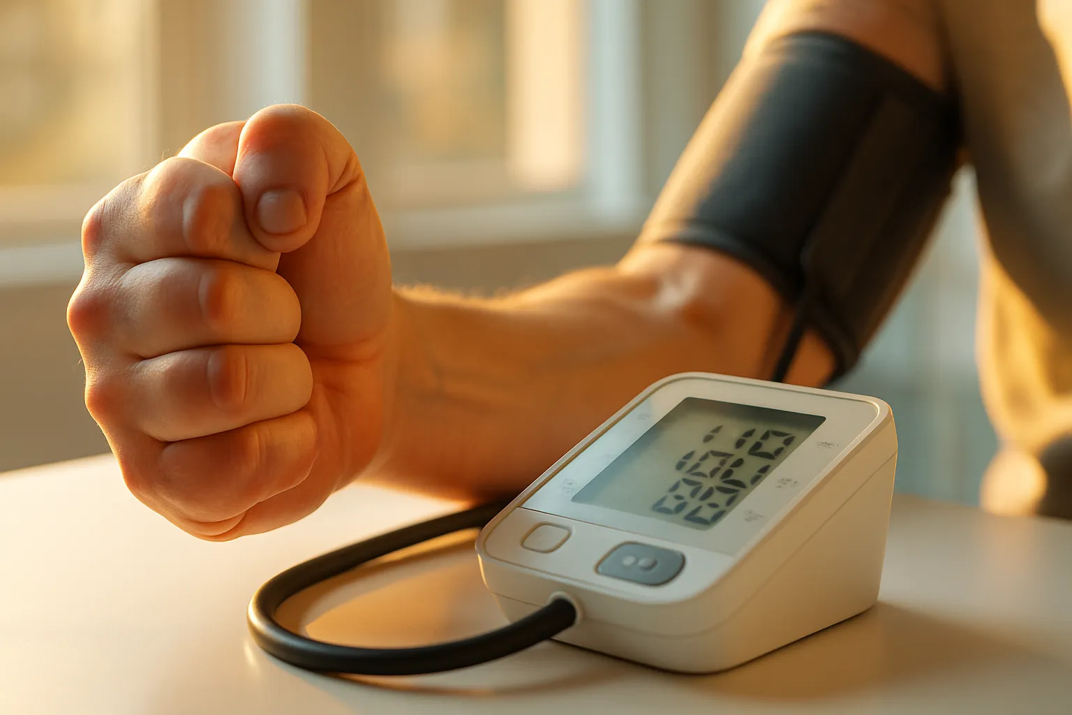 Close de braço com monitor de pressão arterial mostrando leitura elevada e sinais de retenção de líquidos nos dedos, evidenciando desequilíbrio entre potássio e sódio