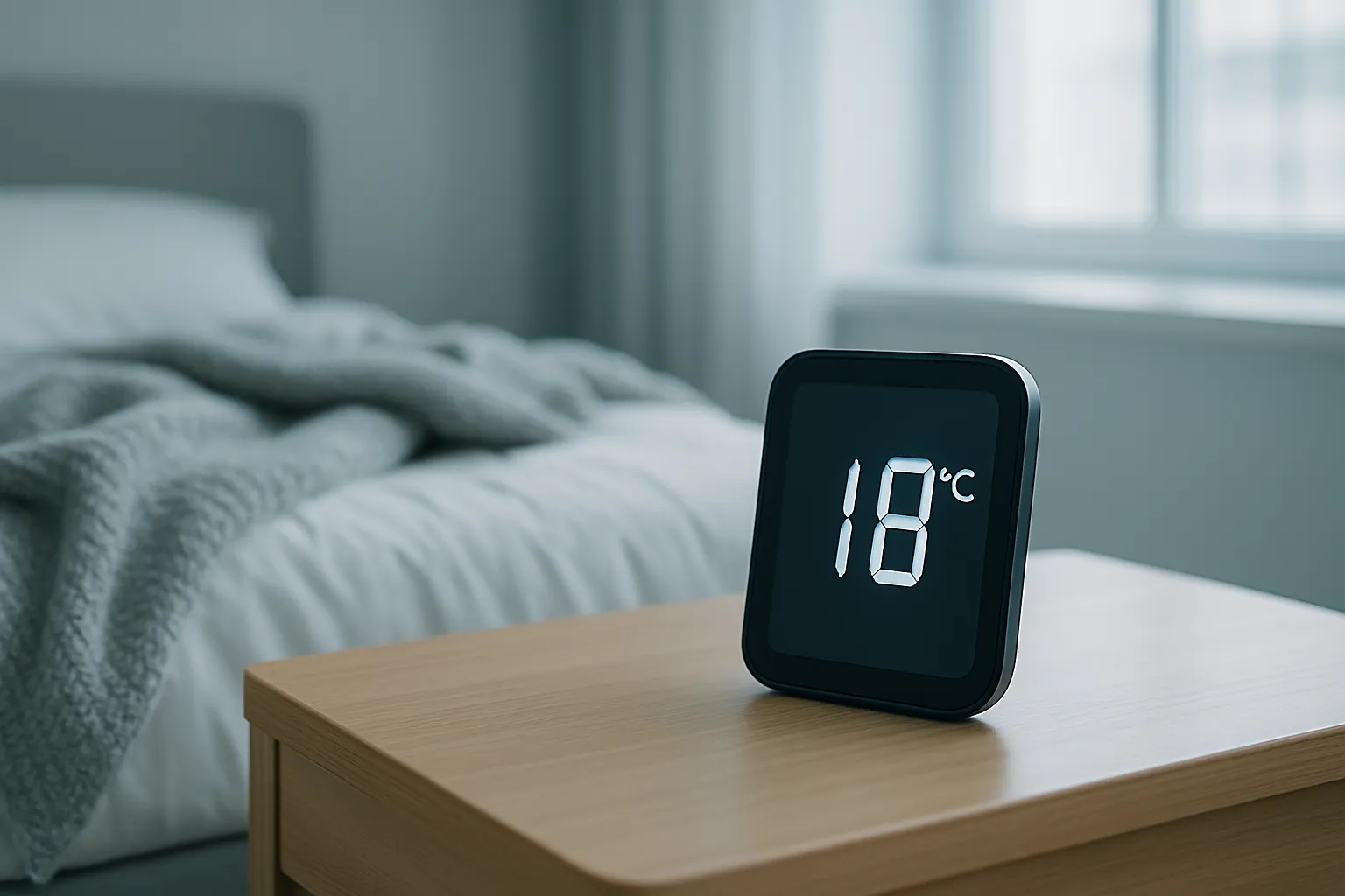 Termômetro digital mostrando temperatura ideal de 18°C para ativação do tecido adiposo marrom durante o sono