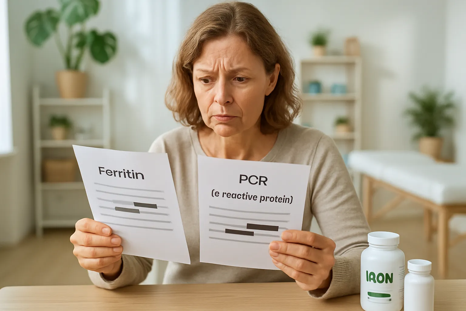 Teste de Ferritina e Marcadores Inflamatórios Paciente analisando resultados de exames de ferritina elevada junto com marcadores inflamatórios, ilustrando o paradoxo do ferro inacessível