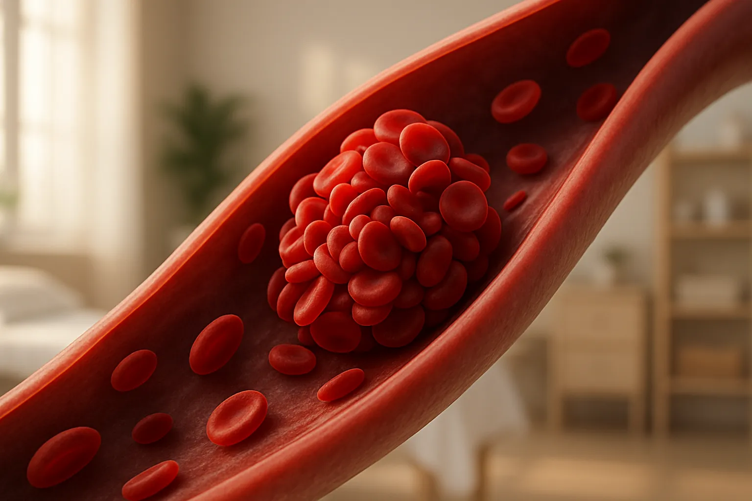 Visualização detalhada de formação de coágulo sanguíneo em veia, ilustrando o risco de trombose associado à terapia hormonal