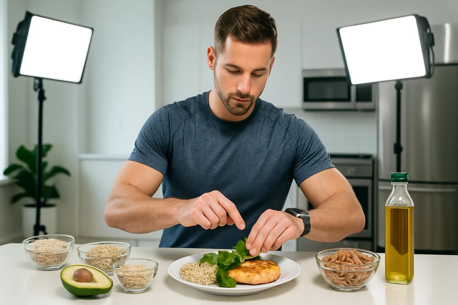 Timing Nutricional Pós-Treino Nutricionista preparando refeição pós-treino com combinações estratégicas para otimizar resposta insulínica