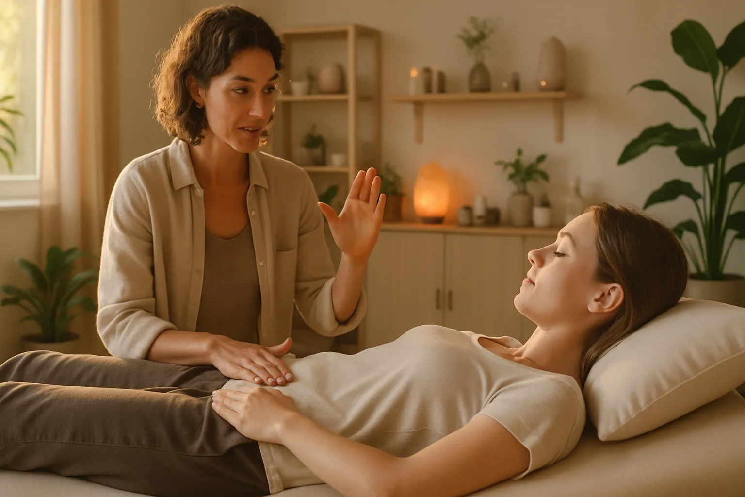 Consultora de saúde demonstrando técnica de relaxamento do assoalho pélvico para cliente em ambiente de medicina integrativa
