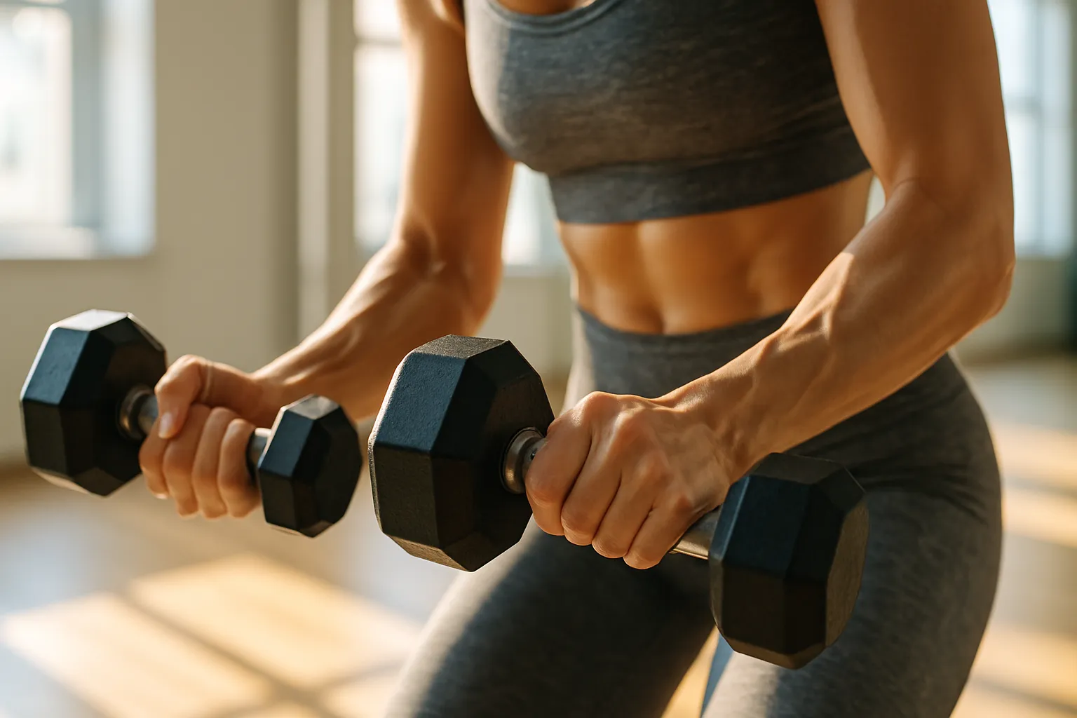 Detalhe das mãos de mulher segurando halteres durante treino de força, mostrando definição muscular e exercício de resistência para acelerar metabolismo