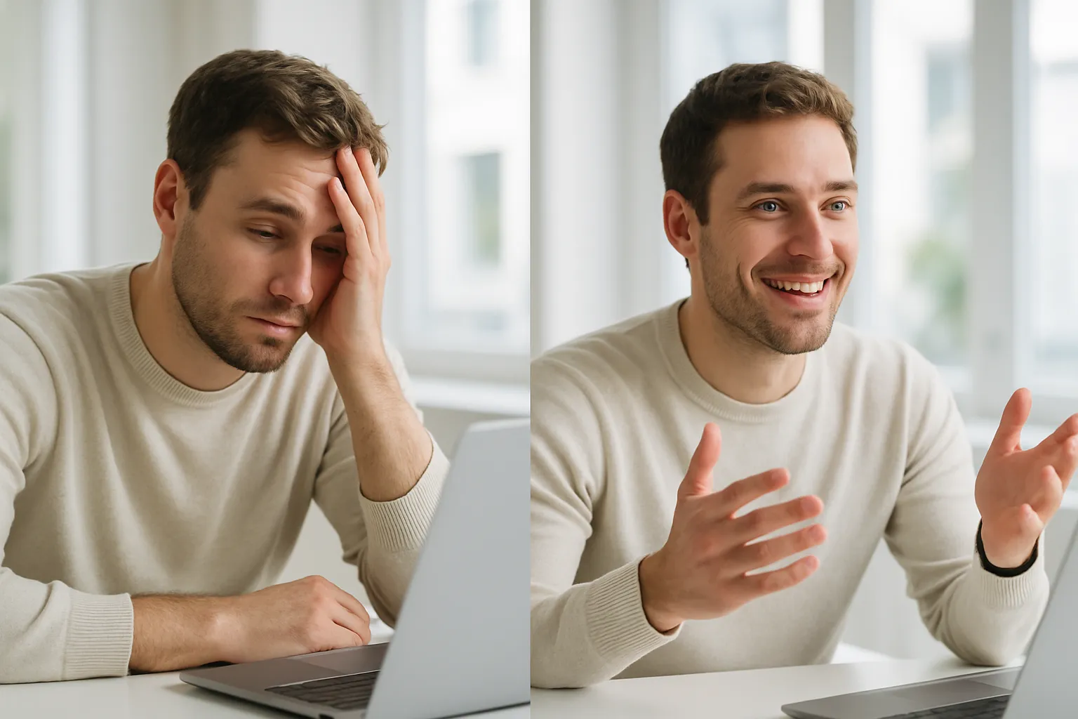 Comparação visual mostrando a mesma pessoa em diferentes estados de energia ao longo do dia, ilustrando os picos e quedas naturais de produtividade relacionados aos ritmos hormonais circadianos