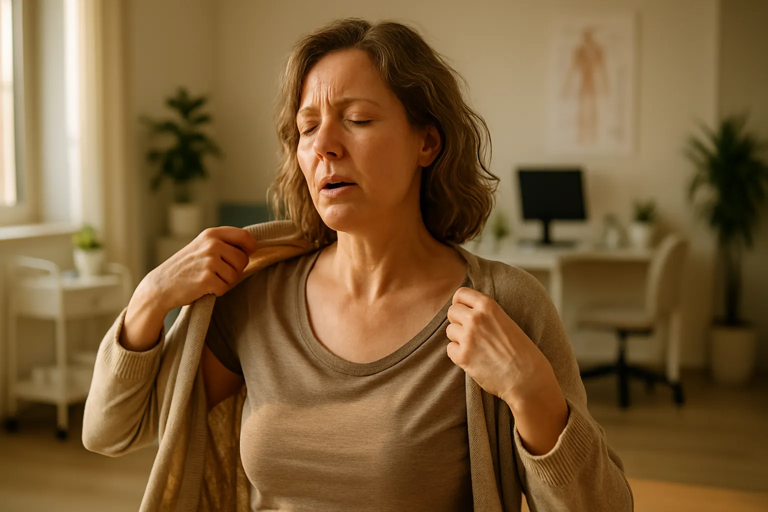 Mulher removendo camadas de roupa durante episódio de onda de calor, ilustrando a resposta física à vasodilatação e necessidade de resfriamento rápido