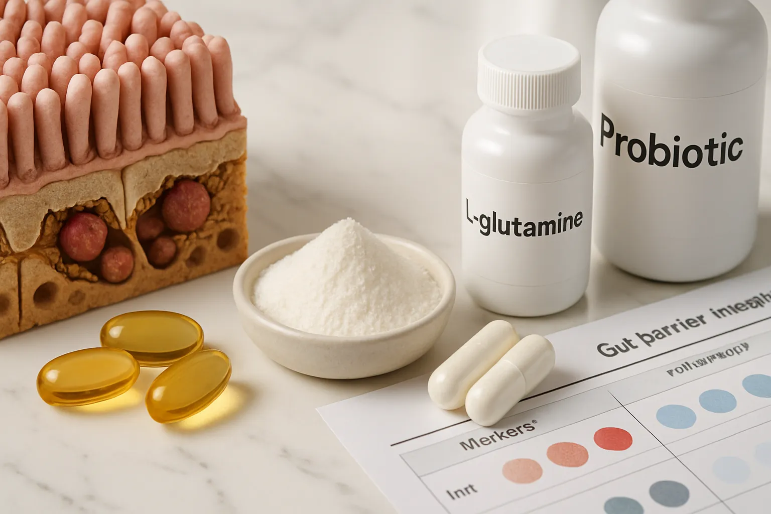 Detalhes em macro de suplementos para reparação intestinal incluindo L-glutamina, zinco-carnosina, ômega-3 e probióticos com ferramentas de avaliação da barreira intestinal