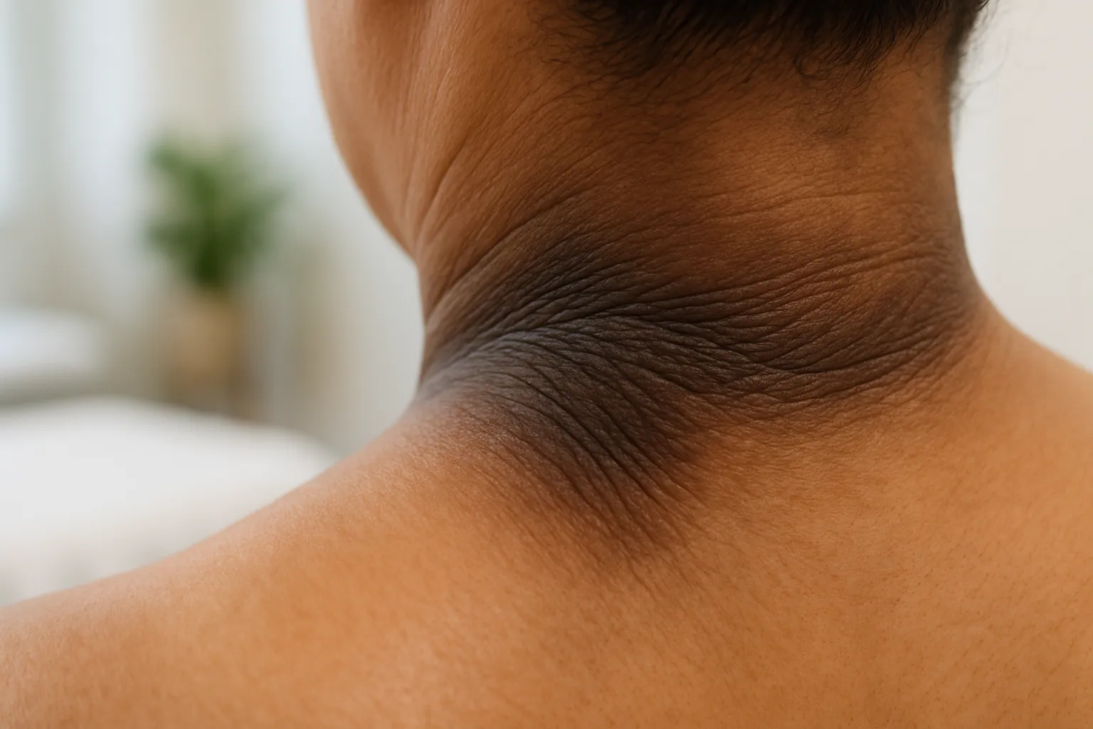 Close-up detalhado de acantose nigricante no pescoço, mostrando escurecimento característico da pele como sinal visual de pré-diabetes e resistência à insulina