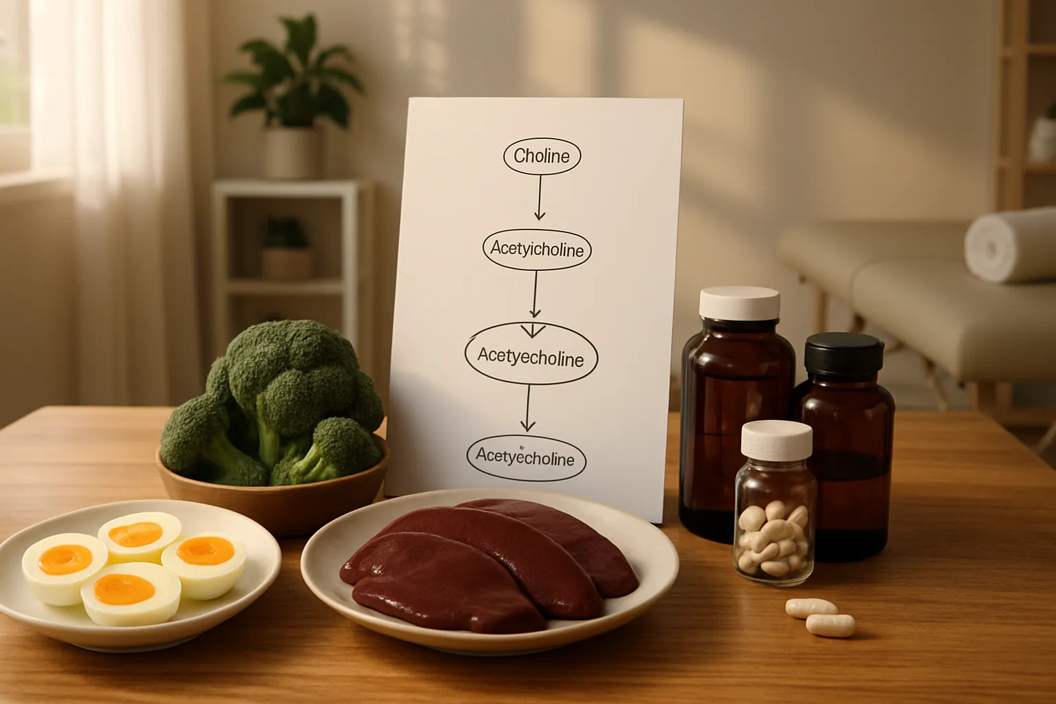 Mesa de consulta especializada exibindo alimentos ricos em colina como ovos orgânicos, fígado e vegetais, ao lado de modelo educativo da via da acetilcolina e suplementos para saúde cognitiva