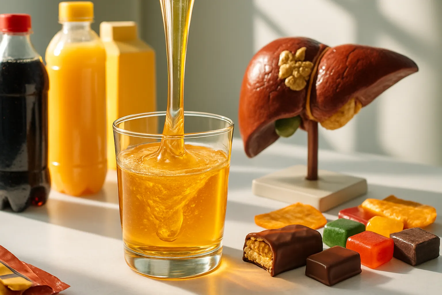 Detalhe macro de xarope de milho rico em frutose e alimentos ultraprocessados que sobrecarregam o fígado causando acúmulo de gordura