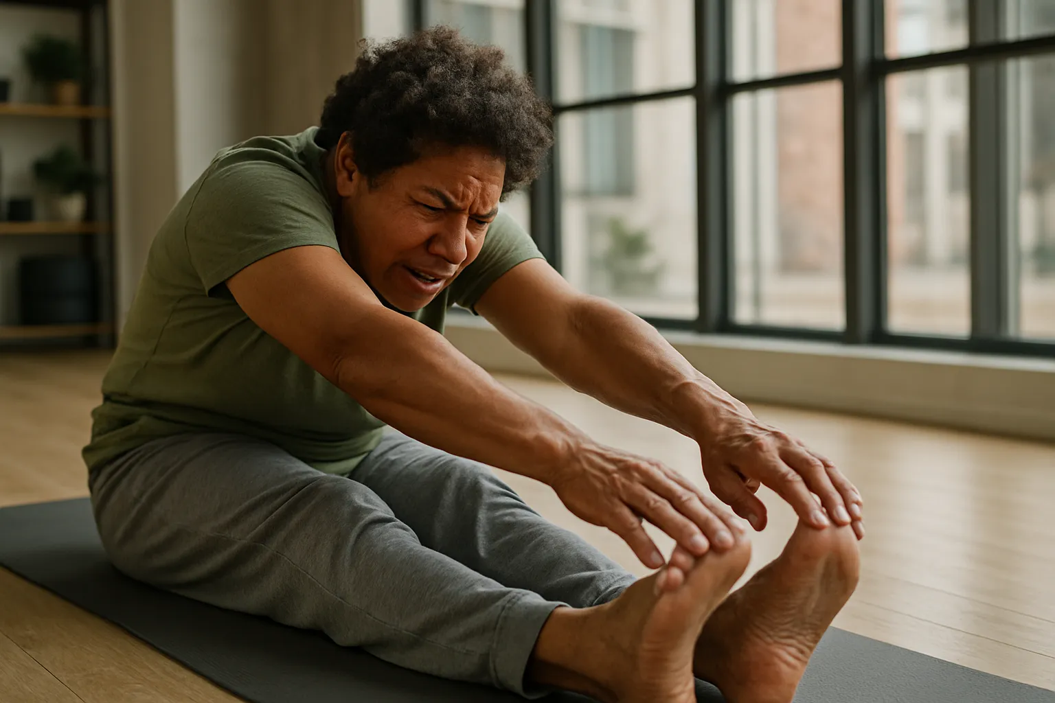 Pessoa Realizando Alongamento Matinal para Rigidez Articular Pessoa realizando alongamento matinal para aliviar rigidez articular causada por inflamação crônica