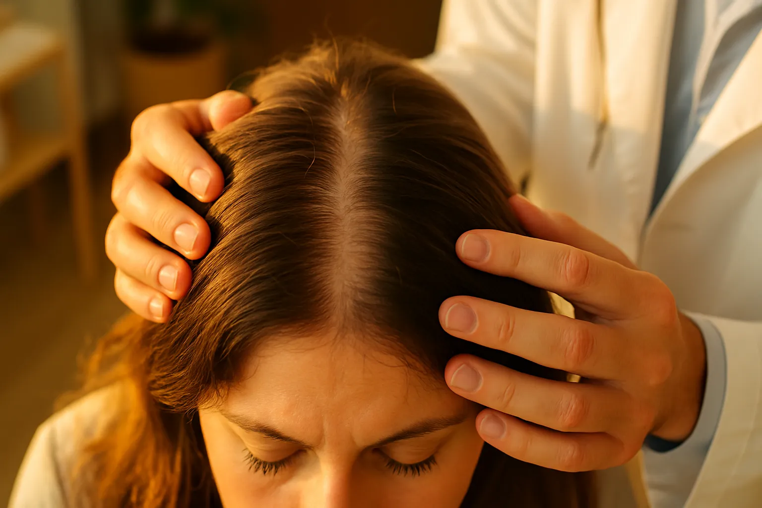 Visão superior do couro cabeludo feminino mostrando padrão difuso de alopecia com rarefação na linha central de divisão dos cabelos