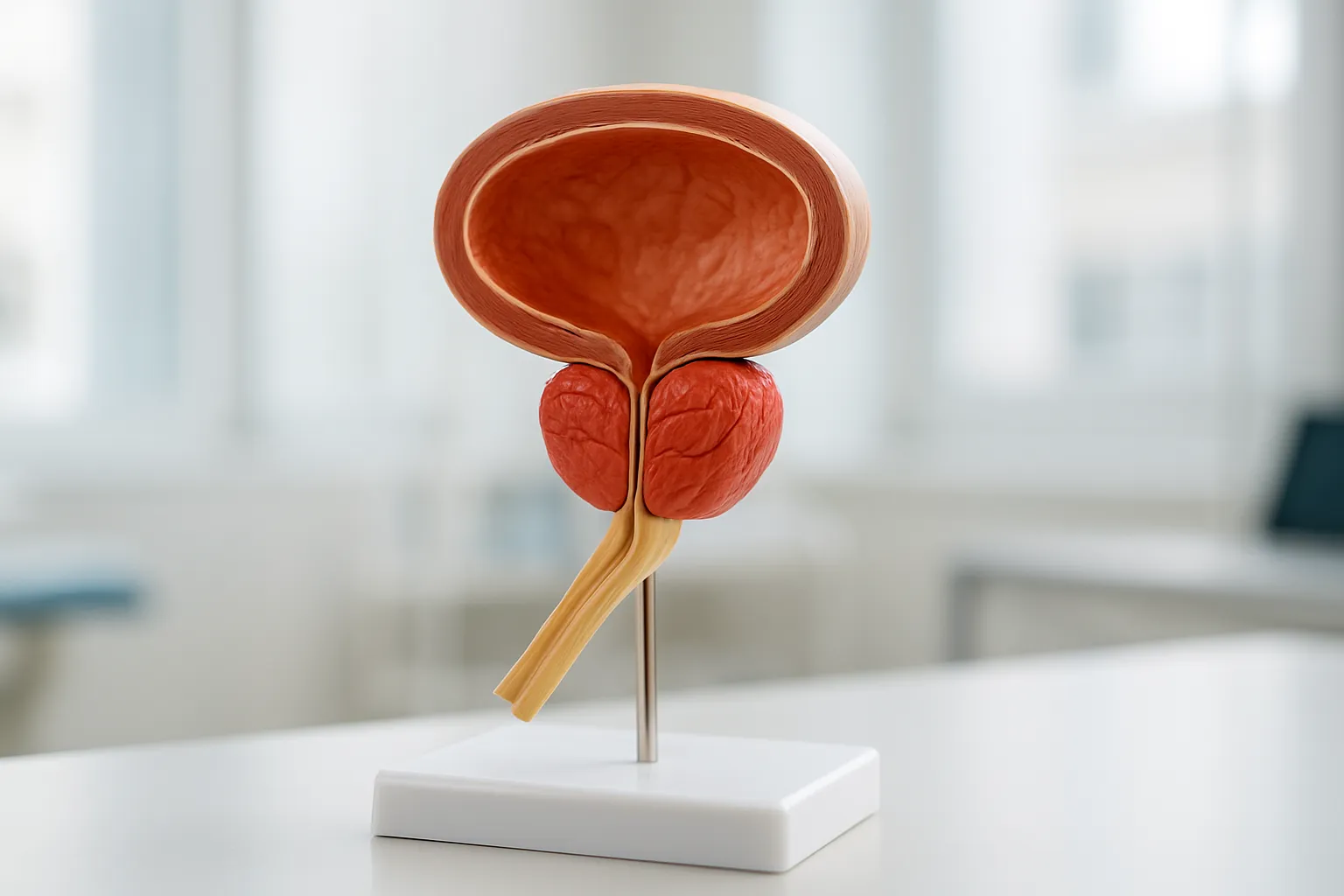 Modelo anatômico médico demonstrando próstata aumentada comprimindo a uretra e causando obstrução do fluxo urinário, mostrando relação entre bexiga e próstata