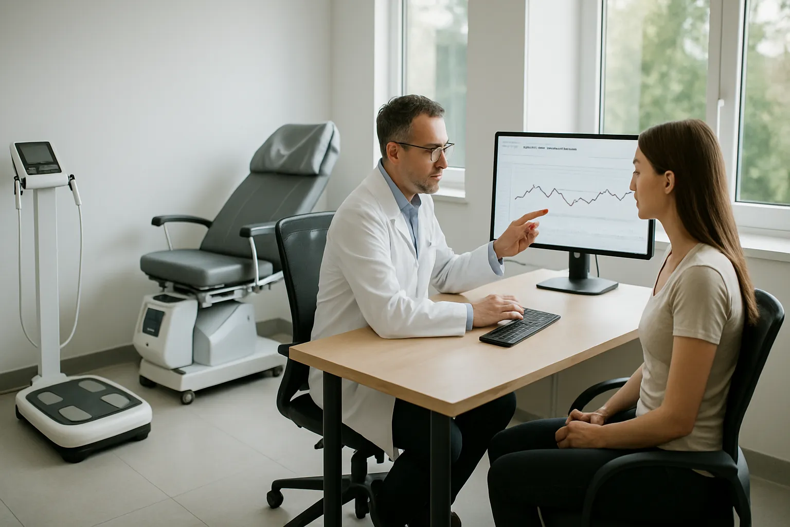 Sala de medicina integrativa com equipamentos de avaliação de composição corporal e taxa metabólica, especialista analisando dados de sono e metabolismo