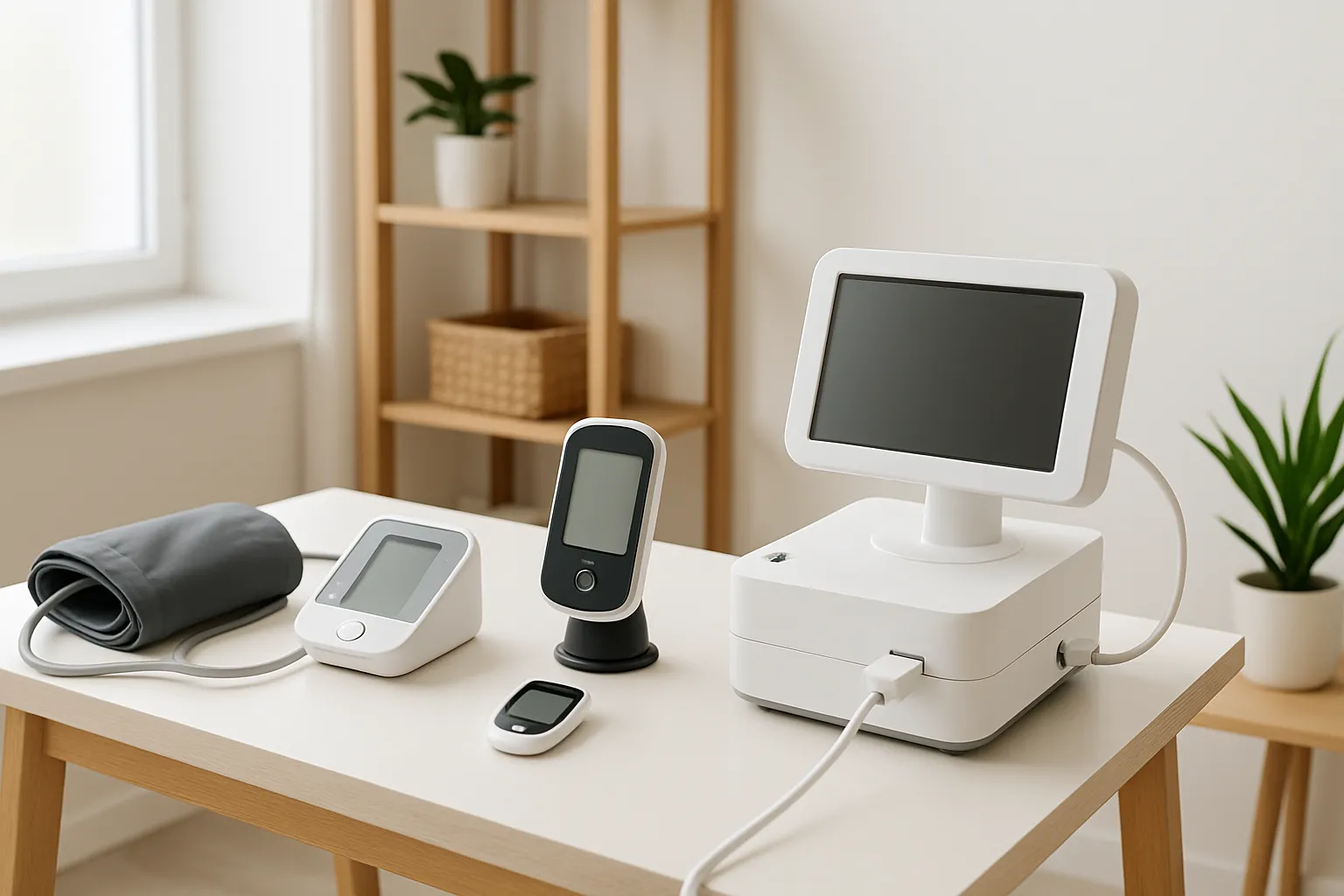 Sala de tratamento holístico preparada para avaliação metabólica com equipamentos para teste de resistência à insulina e monitoramento de pressão arterial