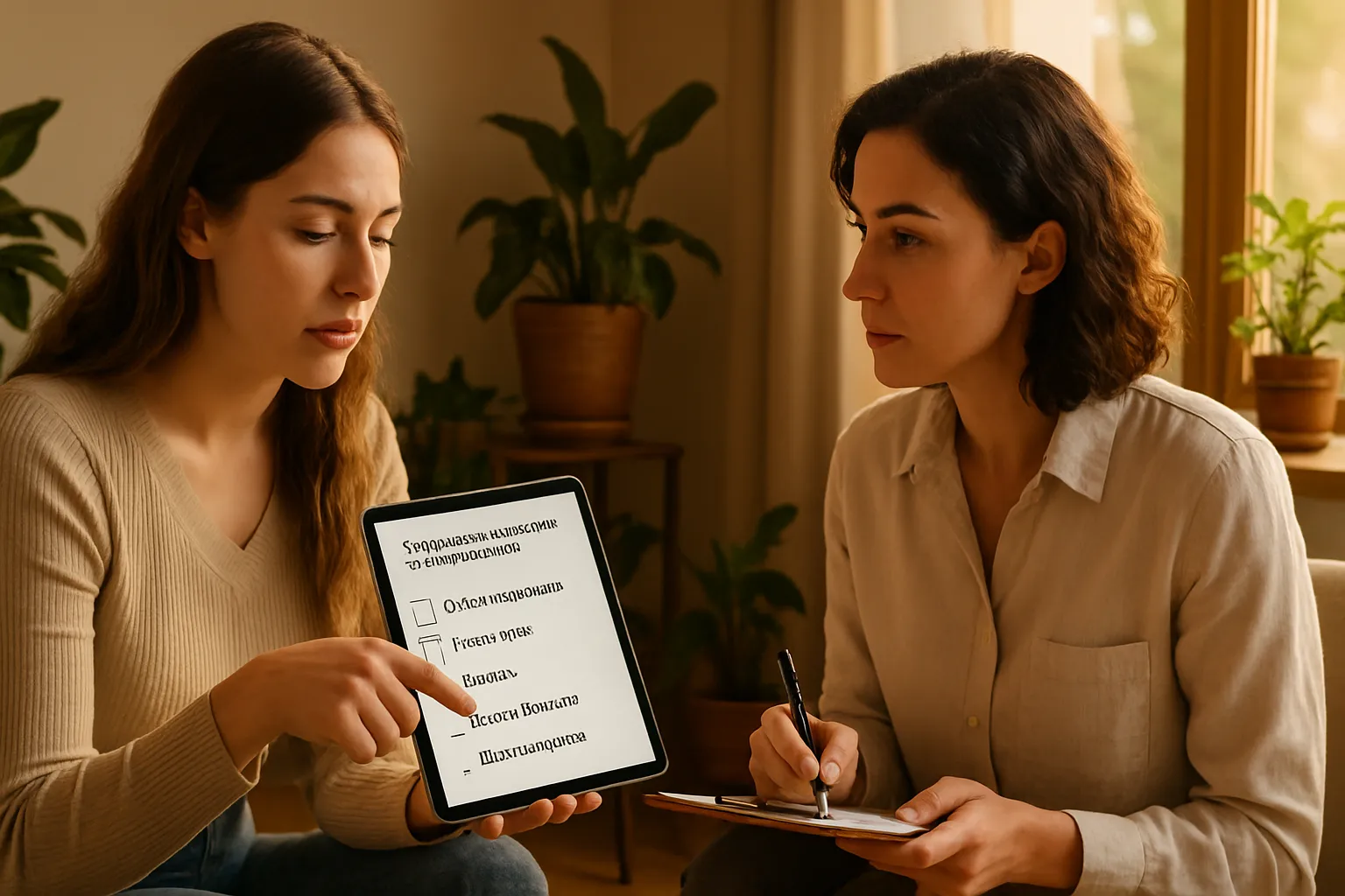 Avaliação de Sintomas Hormonais Associados Paciente e consultora de saúde revisando conjunto de sintomas hormonais associados à queda de cabelo feminina durante avaliação personalizada