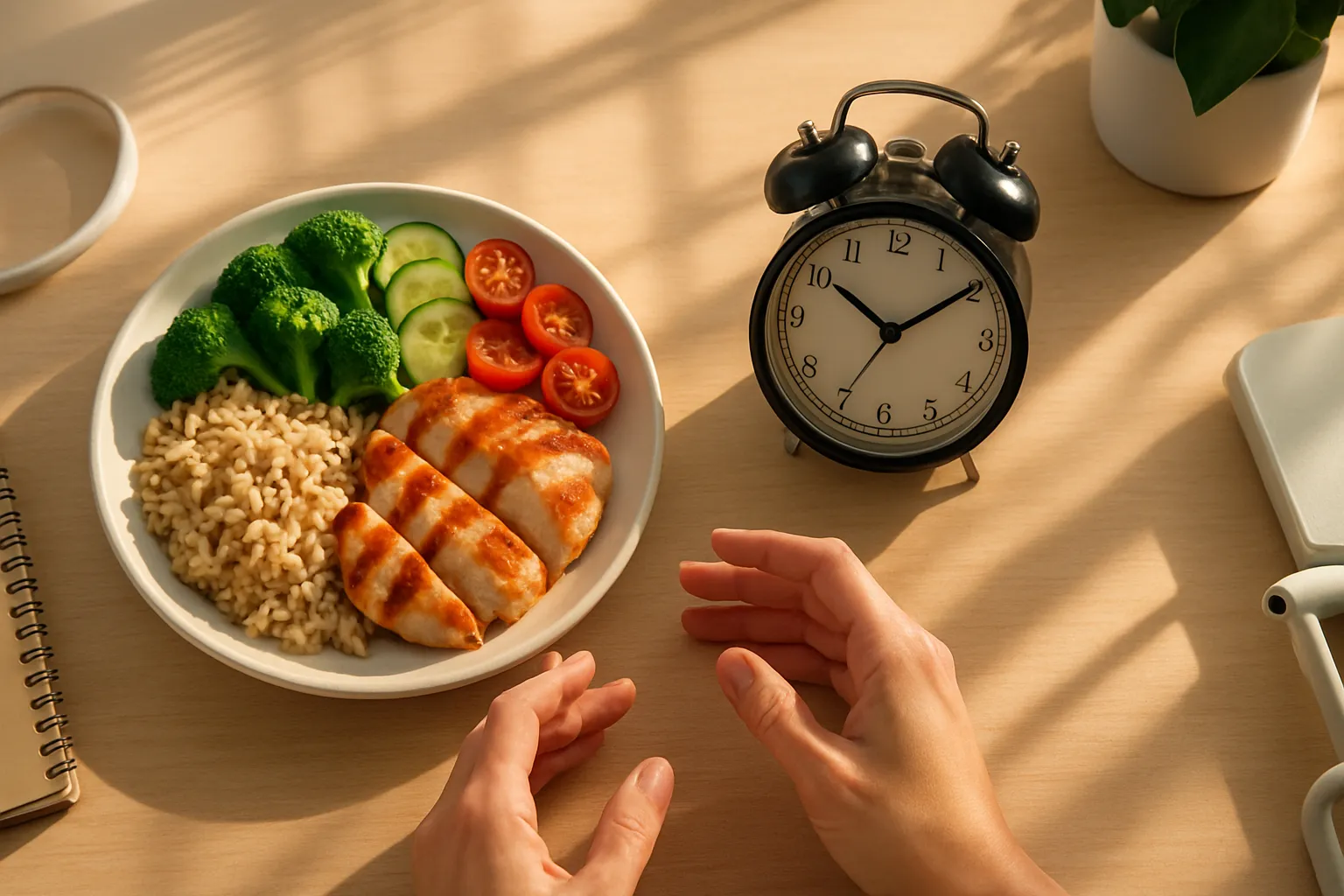 Pessoa hesitando em comer prato saudável com carboidratos à noite, ilustrando o mito comum sobre carboidratos noturnos e ganho de peso