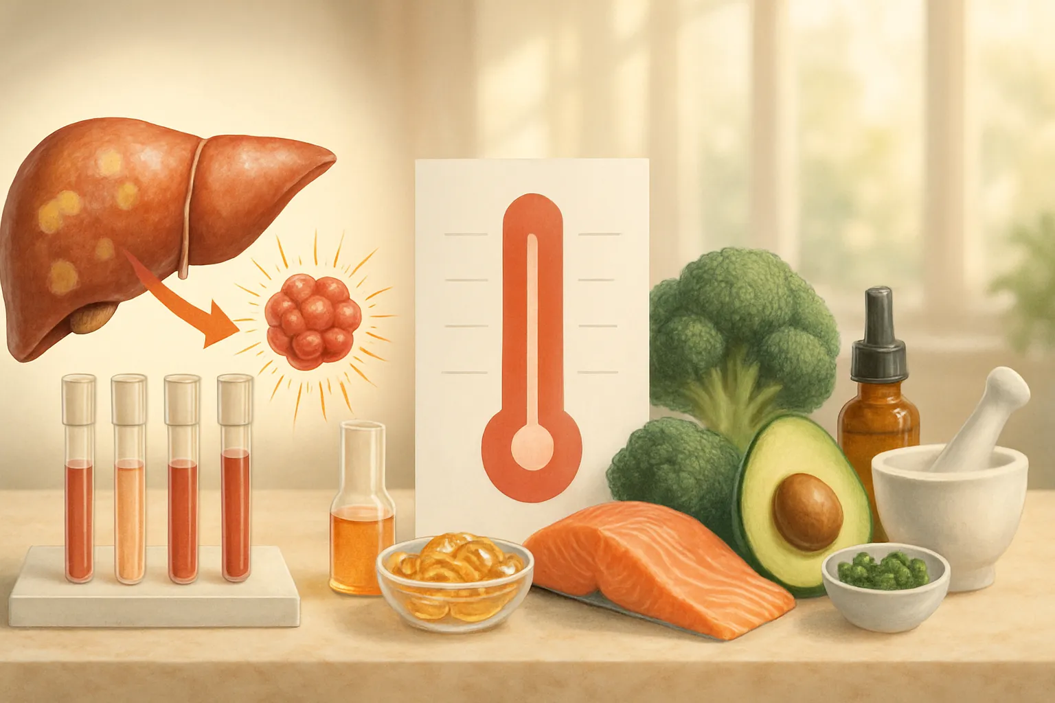 Demonstração visual da cascata inflamatória causada pela gordura no fígado com marcadores de citocinas e protocolo anti-inflamatório