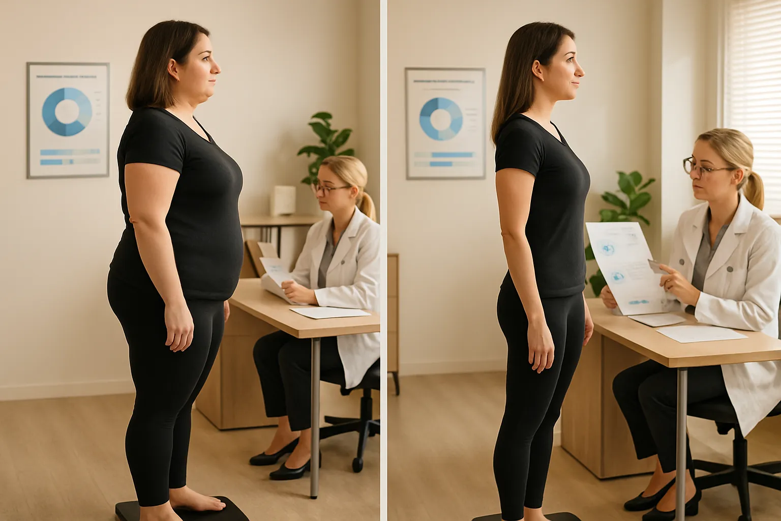 Comparação visual de resultados entre diferentes tratamentos de emagrecimento com semaglutida e tirzepatida em ambiente clínico