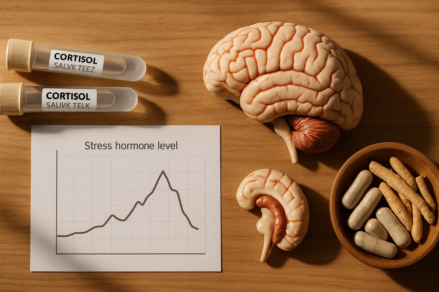 Arranjo organizado mostrando kit de teste de cortisol salivar, gráfico de níveis hormonais, modelo anatômico do hipocampo cerebral e suplementos adaptogênicos para regulação do estresse