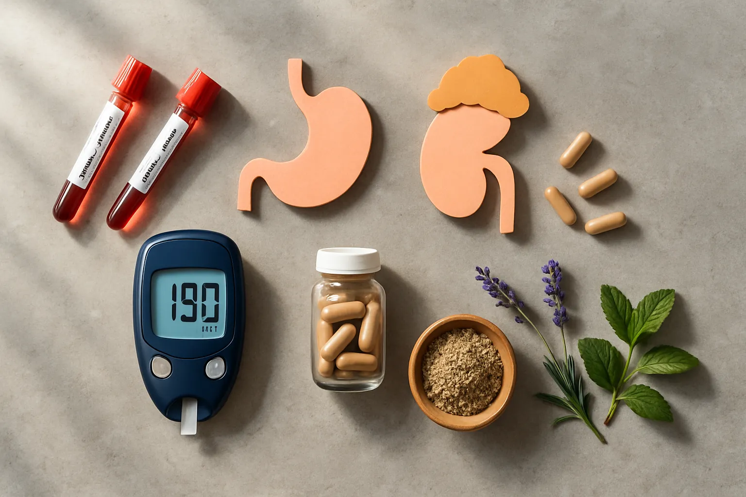 Composição visual mostrando testes de cortisol, medidor de glicose e suplementos relacionados ao desequilíbrio hormonal causado pela privação de sono