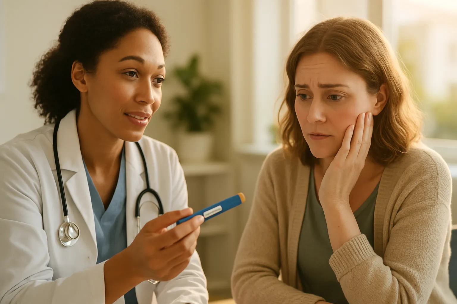 Profissional de saúde orientando paciente sobre efeitos colaterais do Ozempic durante consulta médica