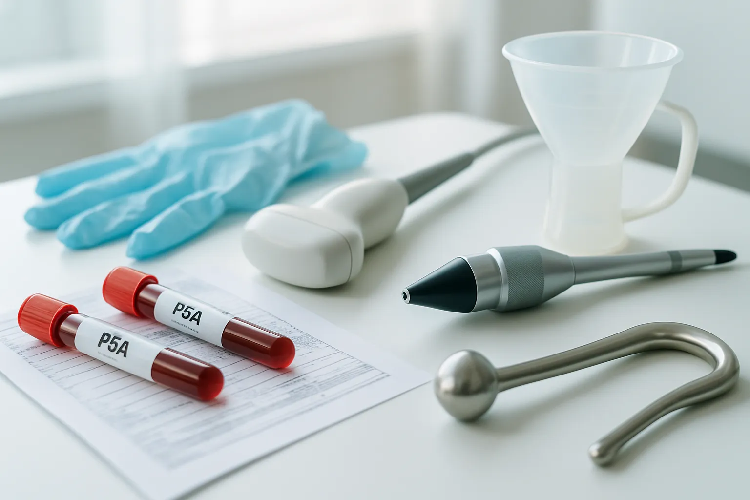 Equipamentos médicos para diagnóstico de próstata aumentada incluindo tubos de teste PSA, sonda de ultrassom e dispositivos de medição de fluxo urinário em ambiente clínico profissional