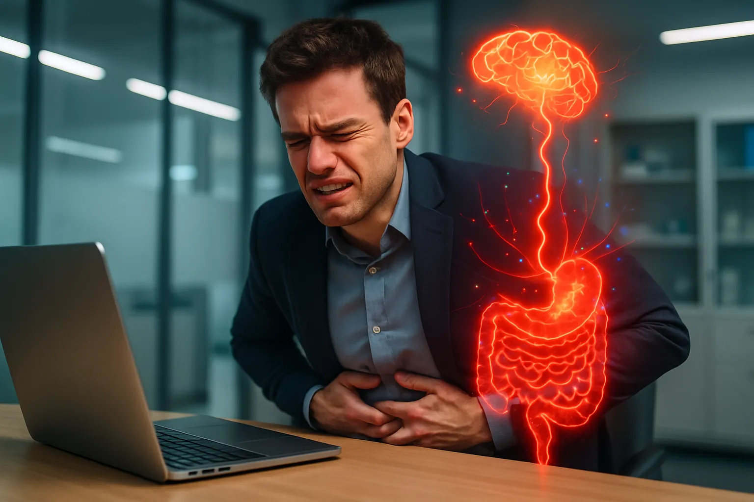 Estresse Crônico e Sistema Digestivo Pessoa com estresse crônico demonstrando desconforto abdominal relacionado à constipação funcional