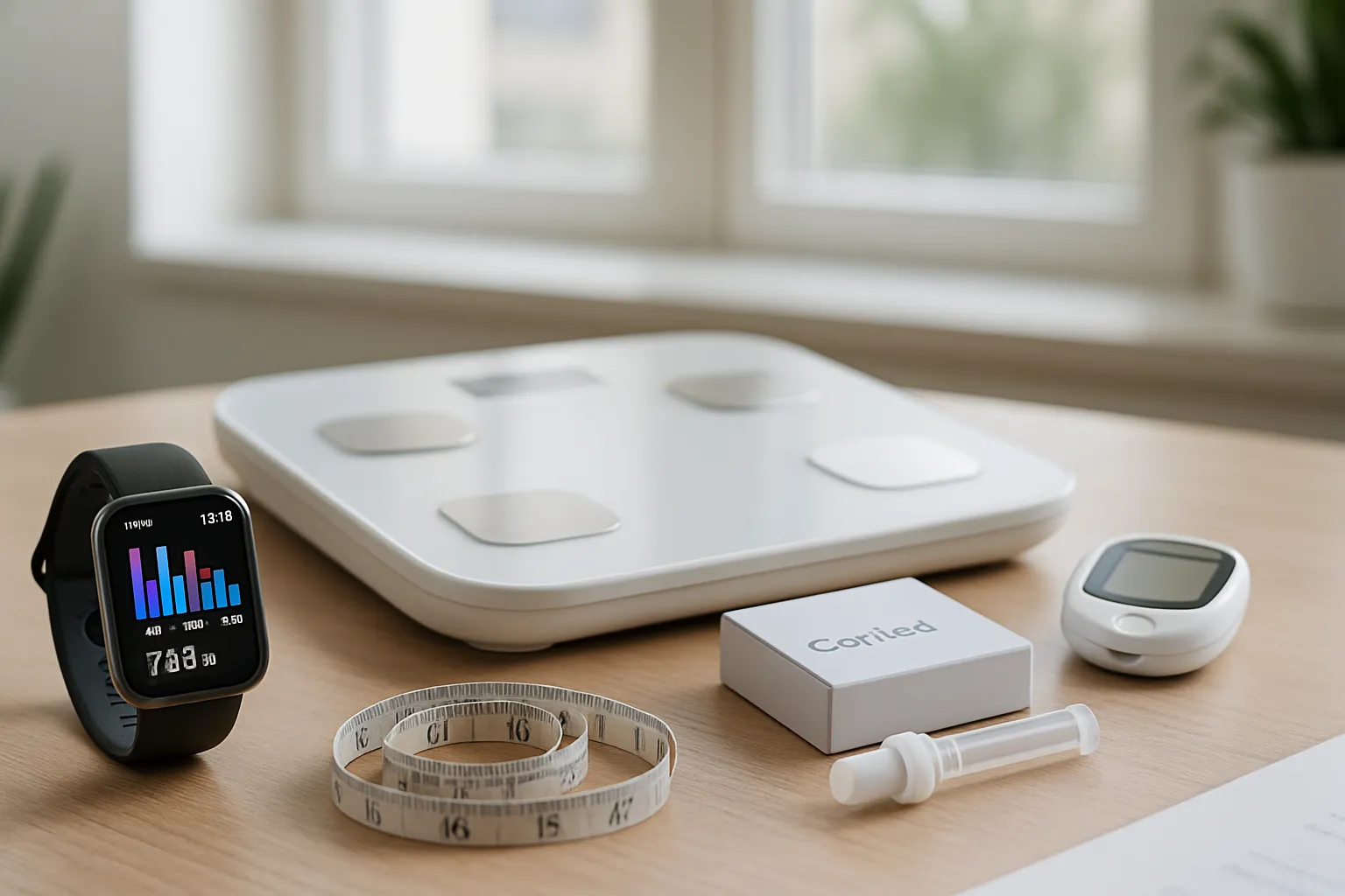 Dispositivos de monitoramento de sono e ferramentas de avaliação metabólica para controle de peso, incluindo rastreador de sono, balança de composição corporal e testes hormonais