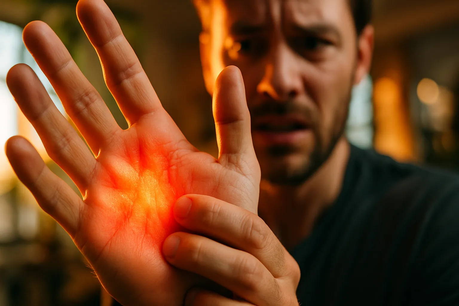 Close-up de mão com sensação de formigamento e parestesia, sintoma neurológico de alerta