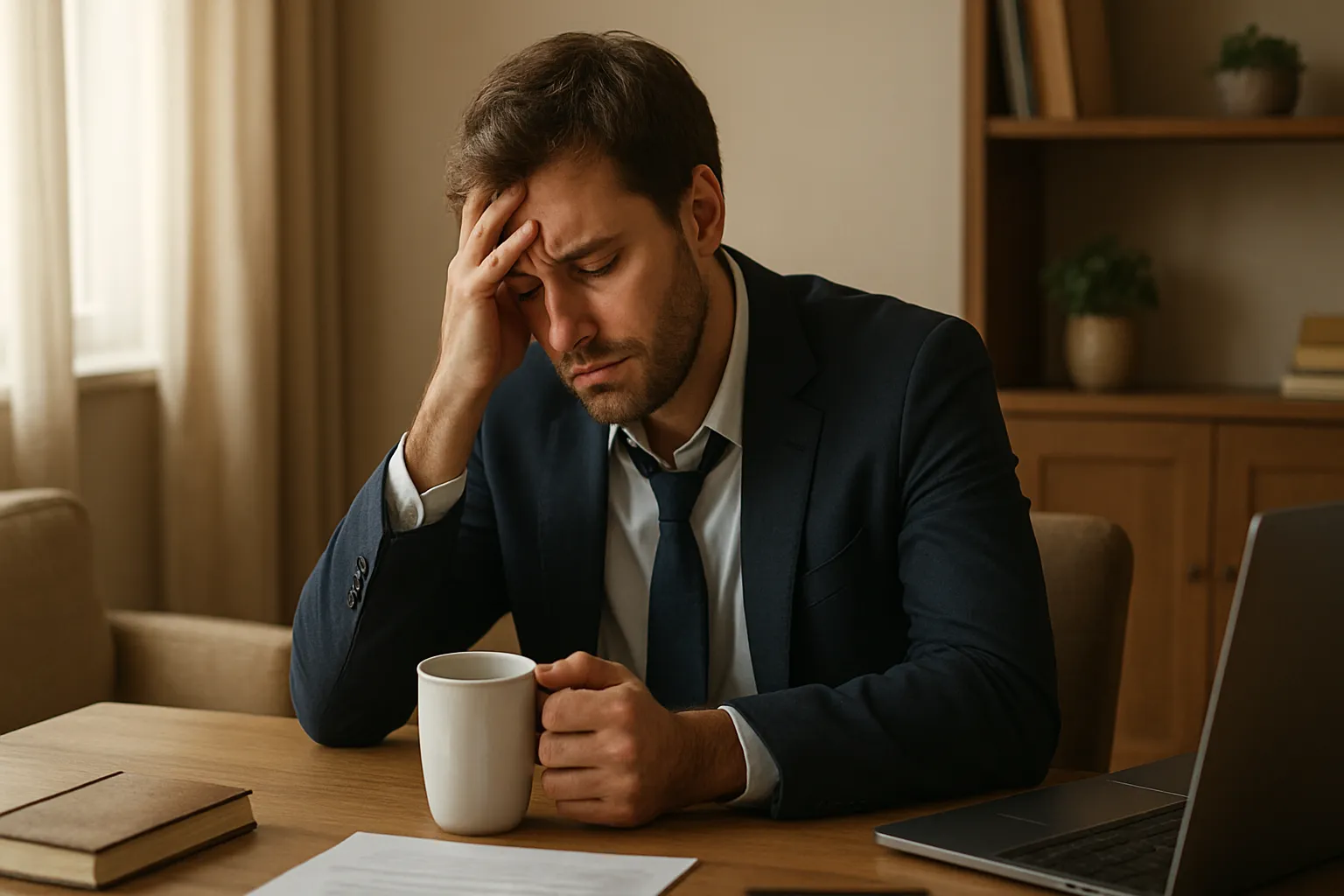 Homem Executivo com Fadiga Crônica Empresário exausto demonstrando fadiga persistente mesmo após noite de sono, sintoma comum da deficiência androgênica
