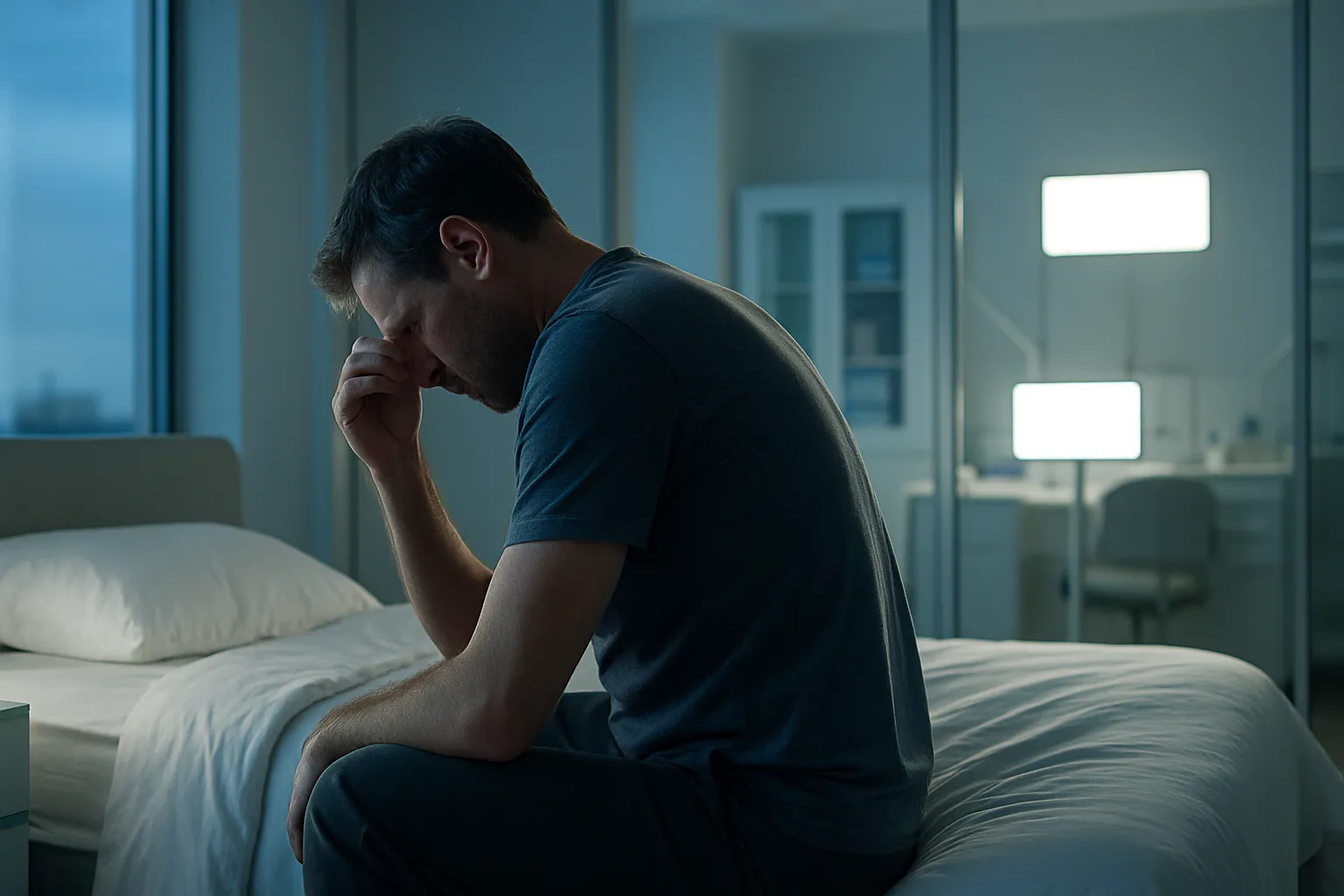 Homem sentado pensativo na beira da cama demonstrando preocupação com saúde sexual e disfunção erétil