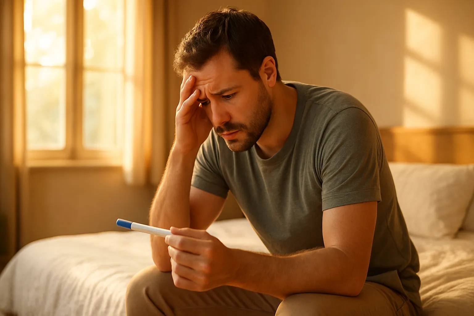 Homem preocupado sentado sozinho refletindo sobre questões de fertilidade masculina em ambiente intimista
