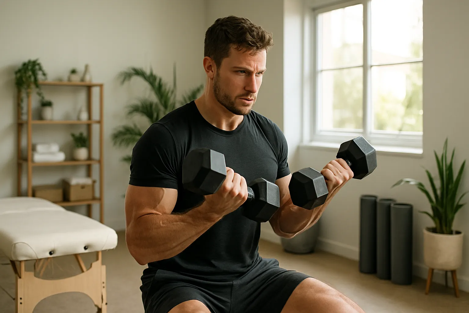 Homem realizando treino de força com halteres focado em construção de massa muscular e otimização de testosterona através de exercício