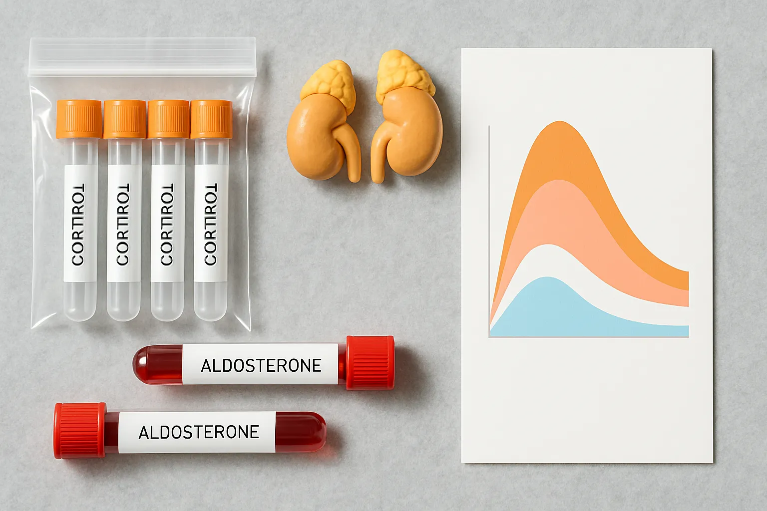 Kit de testes hormonais para cortisol e aldosterona com tubos de coleta e modelo anatômico de glândulas suprarrenais em composição organizada